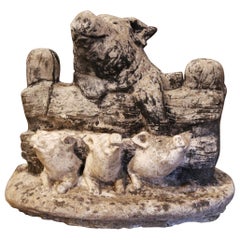 Mid-Century French Weathered Concrete Garden Pig and Piglets Sculpture