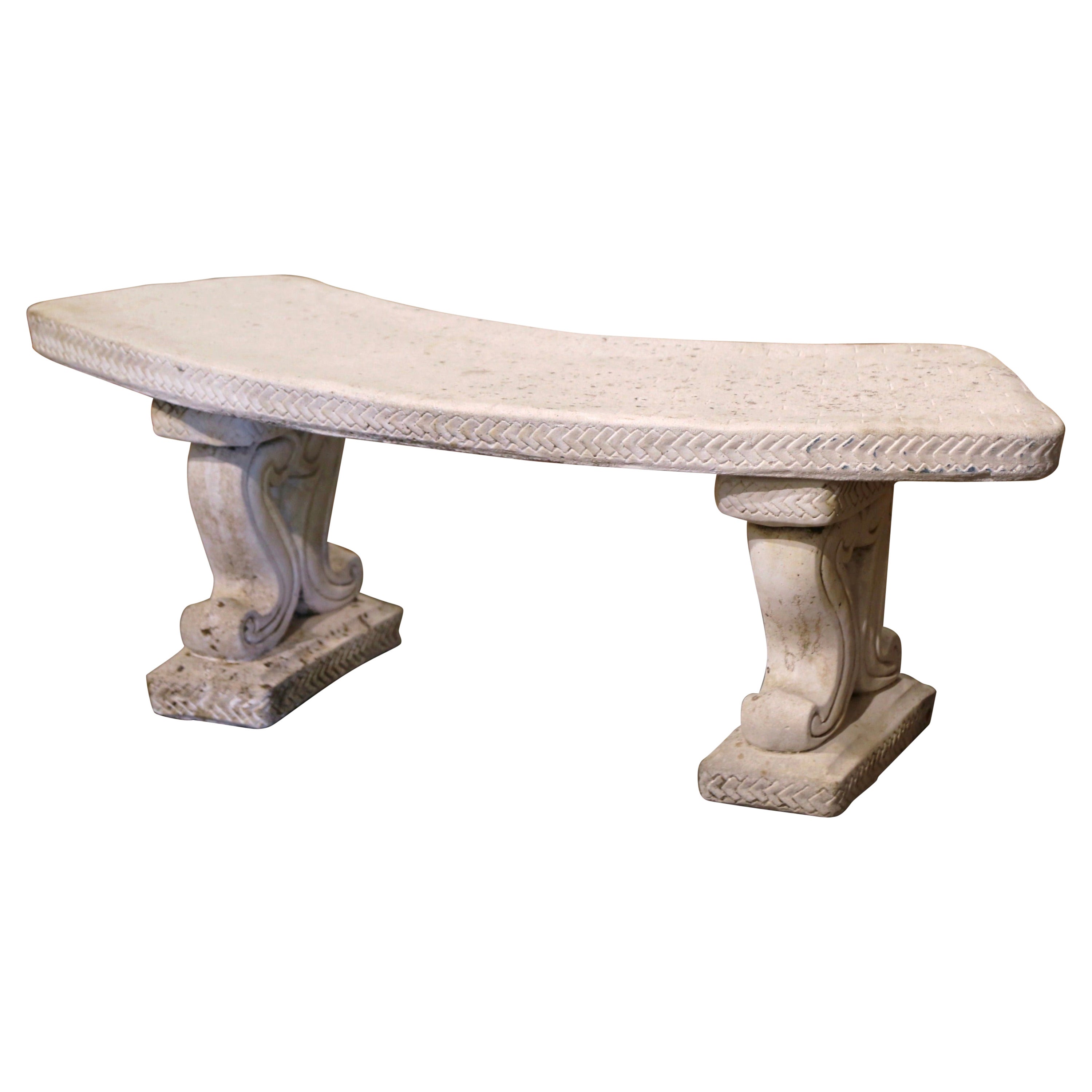 Mid-Century French Weathered Curved Cast Stone Scrolled Pedestal Garden Bench