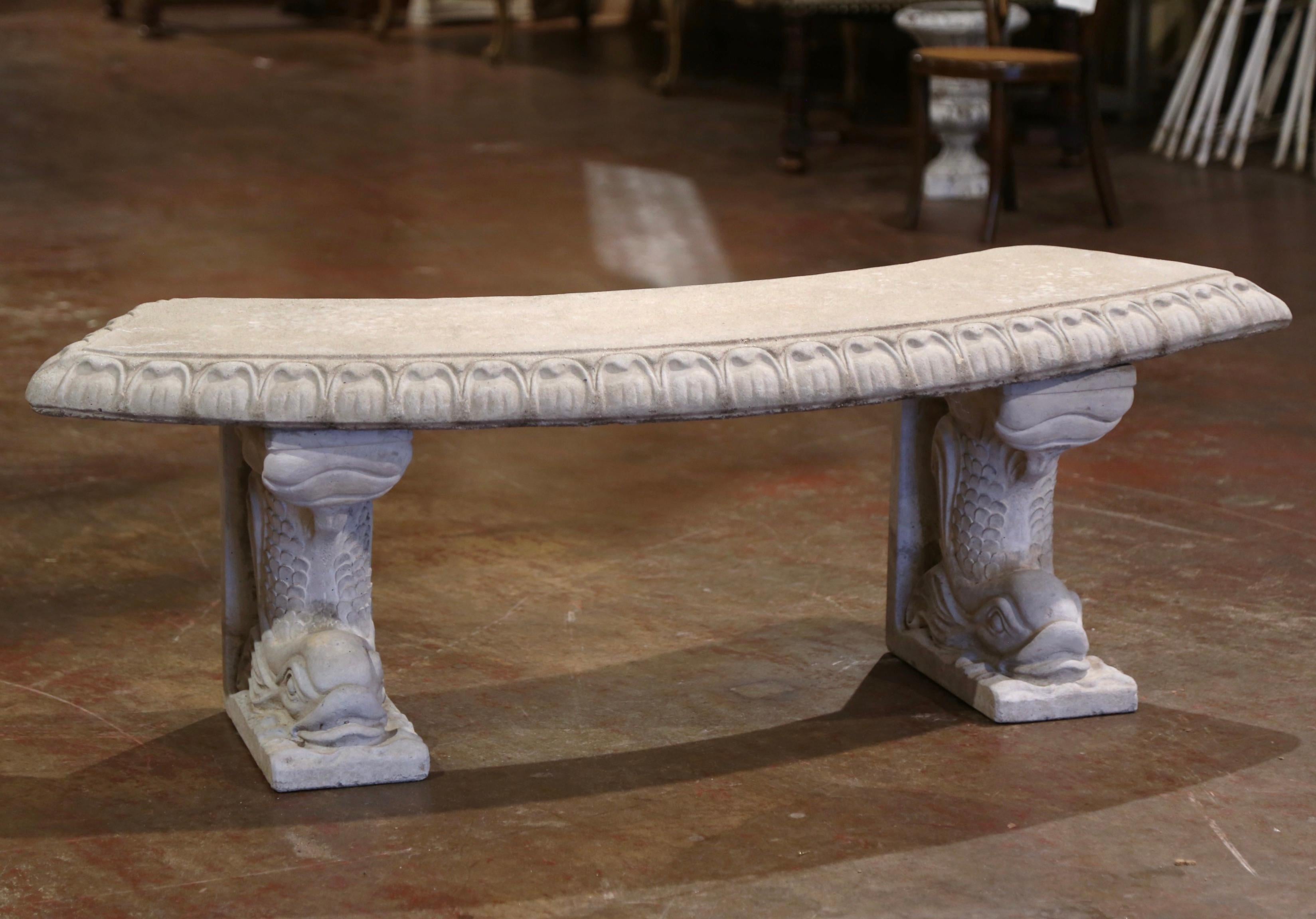 Hand-Crafted Mid-Century French Weathered Curved Stone Garden Bench with Fish Figures