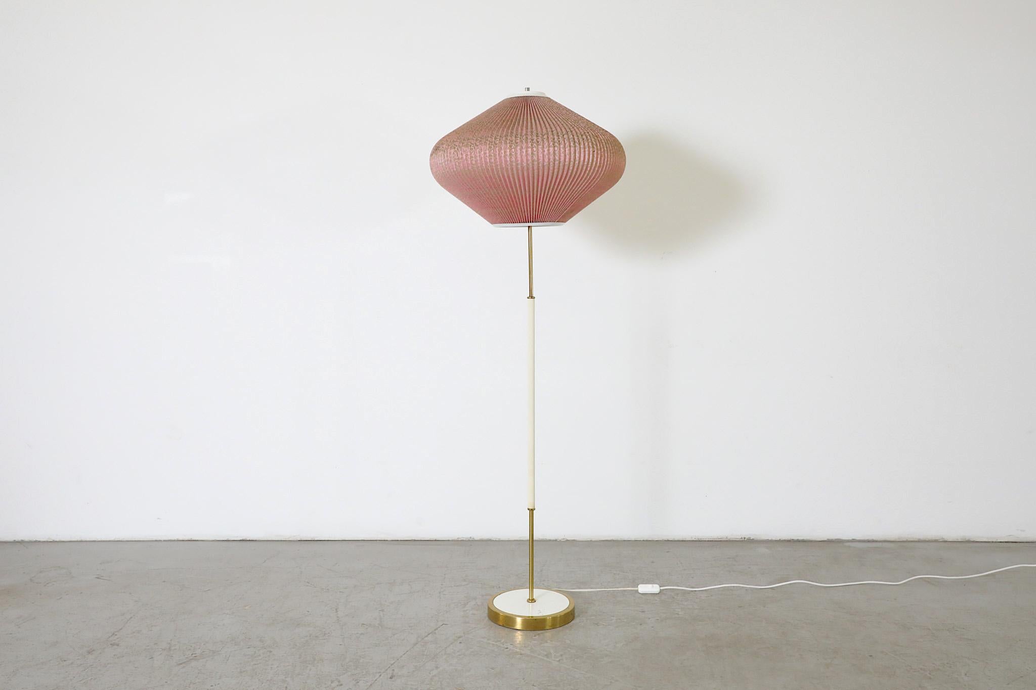Mid-Century French White and Brass Floor Lamp with Pink Pleated Lantern Shade 9