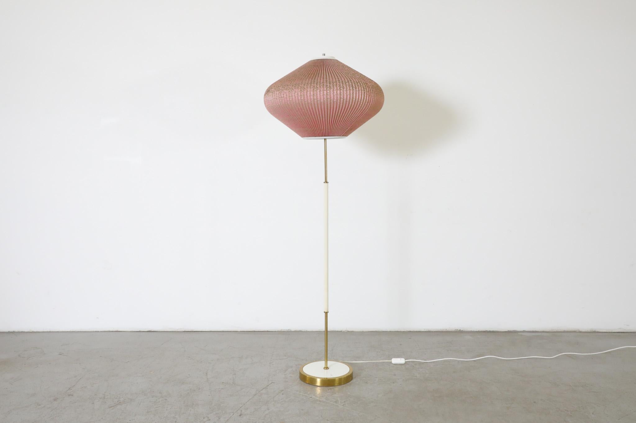 Mid-Century Modern Mid-Century French White and Brass Floor Lamp with Pink Pleated Lantern Shade