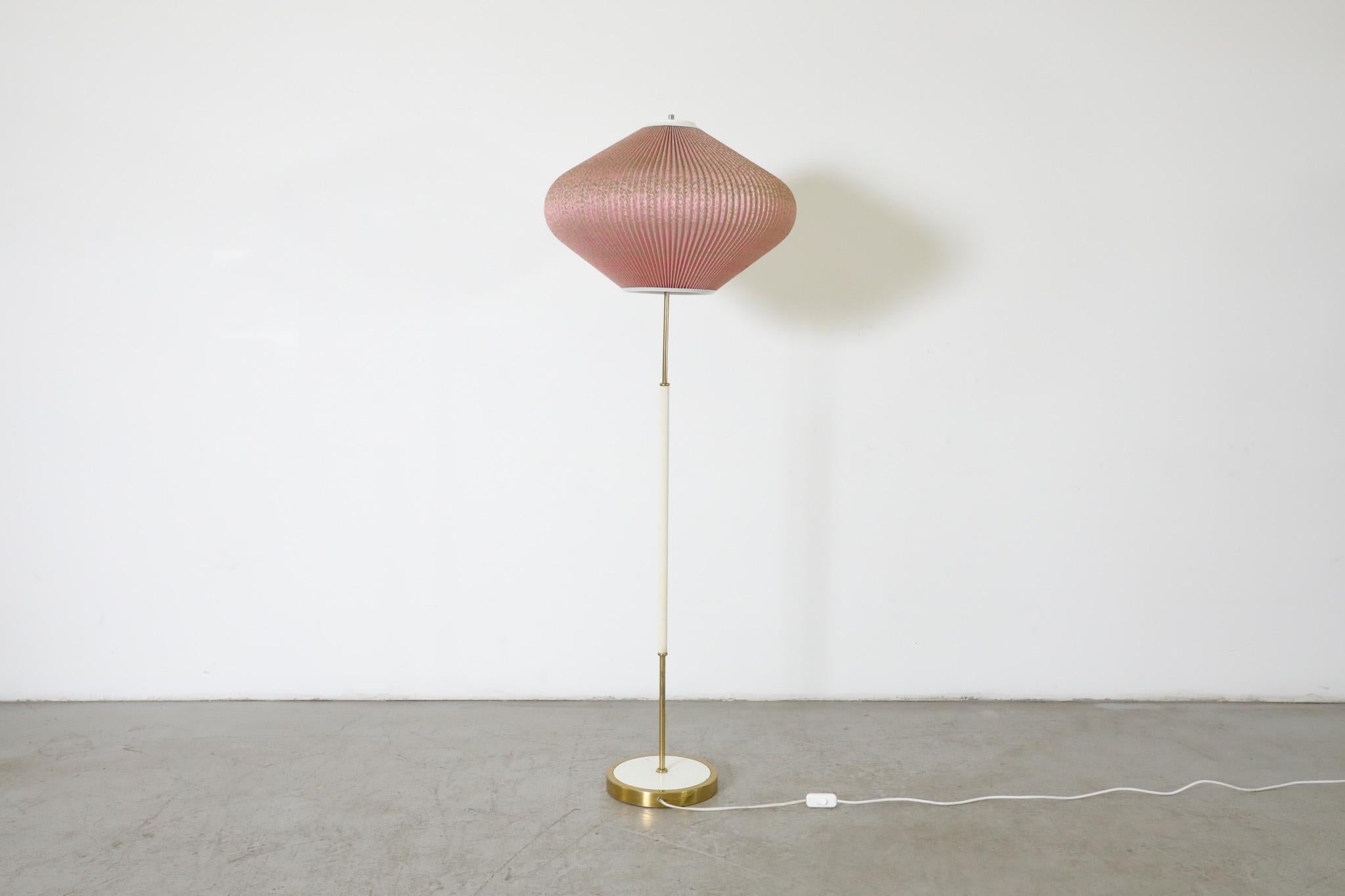 Enameled Mid-Century French White and Brass Floor Lamp with Pink Pleated Lantern Shade