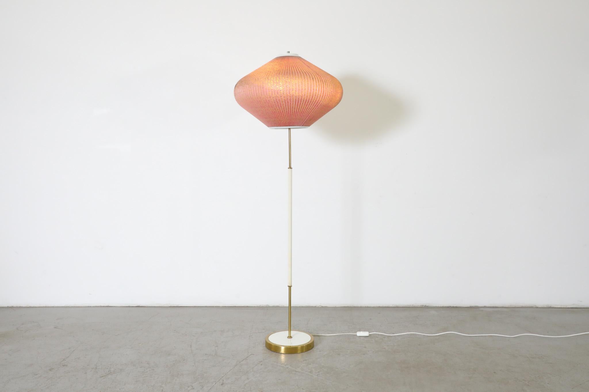 Mid-Century French White and Brass Floor Lamp with Pink Pleated Lantern Shade In Good Condition In Los Angeles, CA