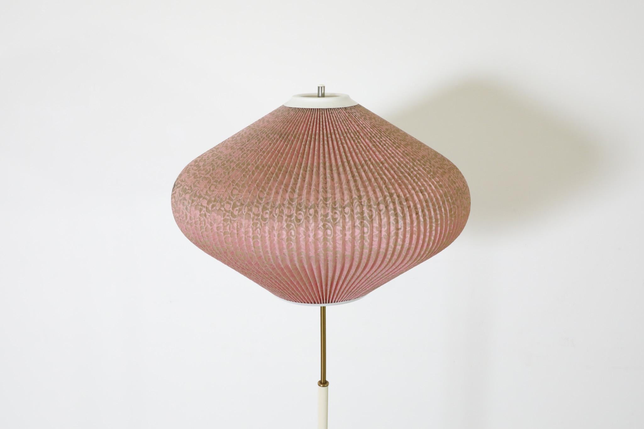 Metal Mid-Century French White and Brass Floor Lamp with Pink Pleated Lantern Shade