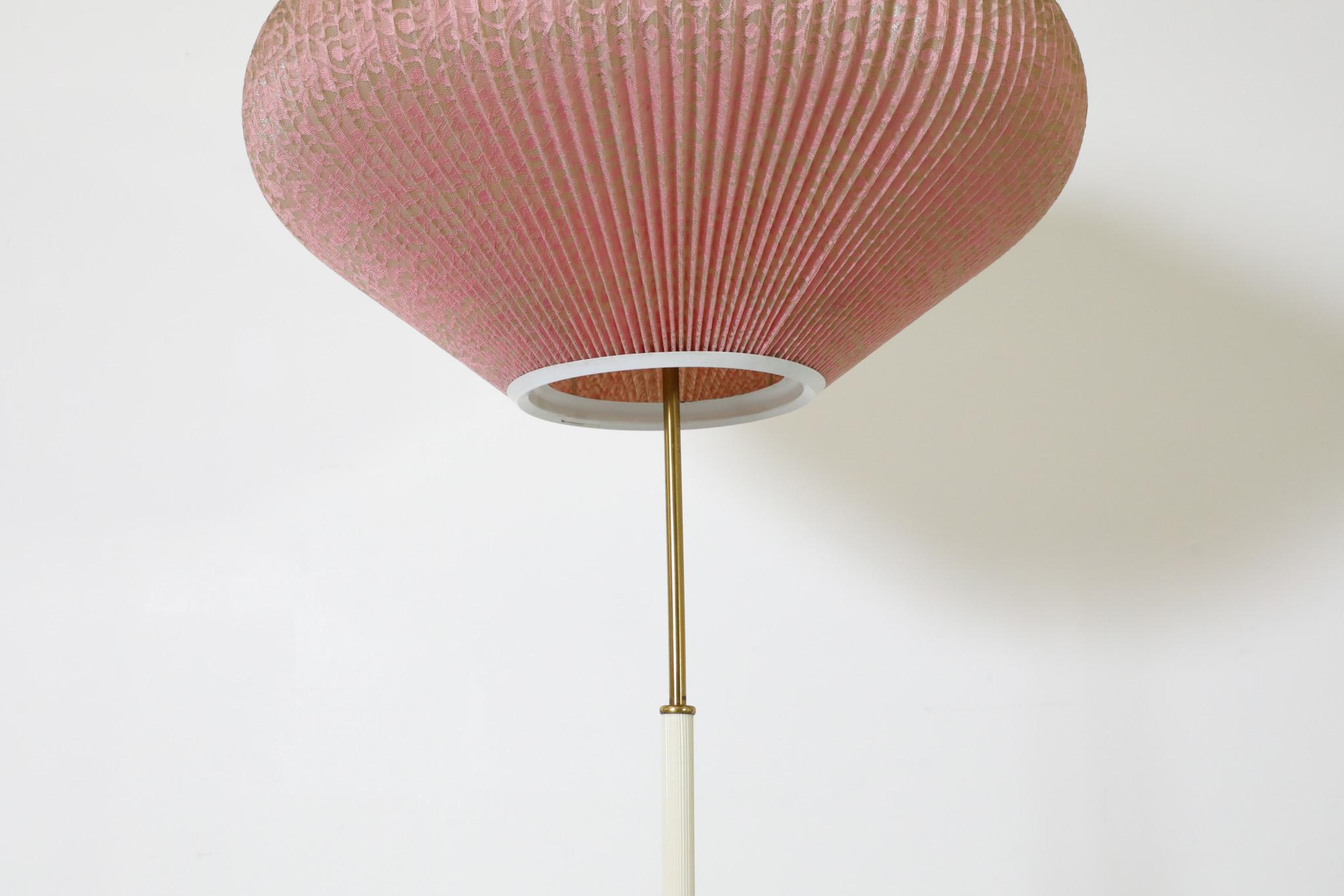 Mid-Century French White and Brass Floor Lamp with Pink Pleated Lantern Shade 1