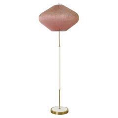 Mid-Century French White and Brass Floor Lamp with Pink Pleated Lantern Shade
