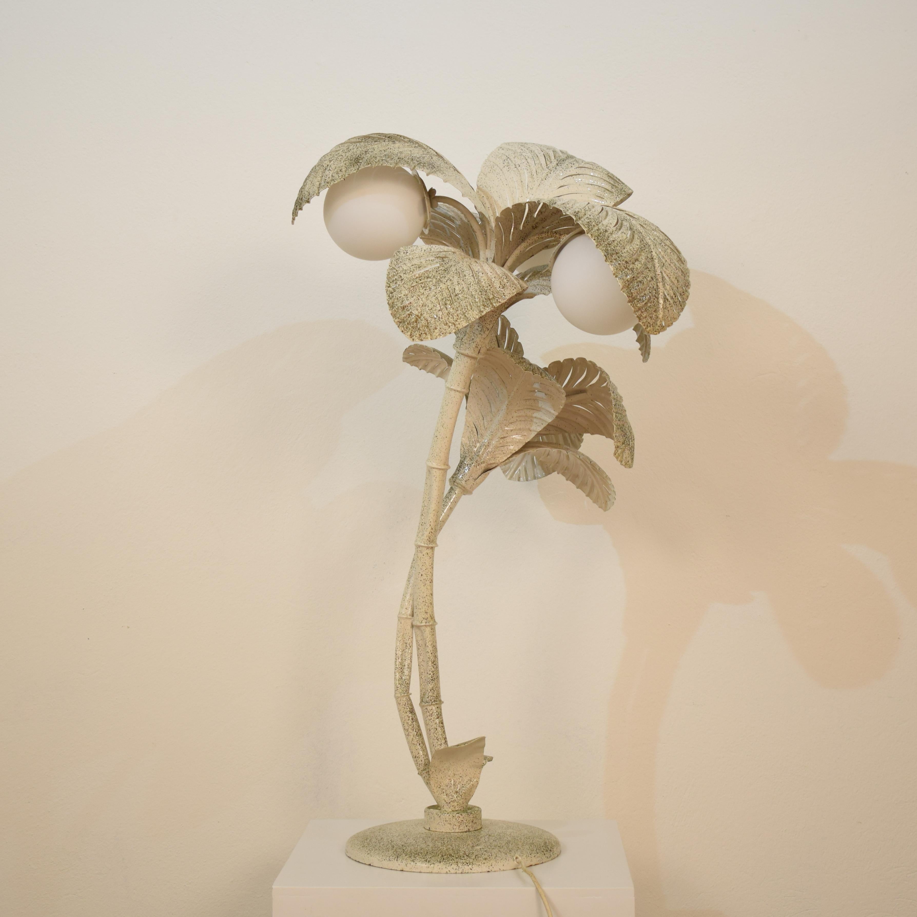 Opaline Glass Midcentury French White / Gold Lacquered Metal Palm Floor / Table Lamp, 1970