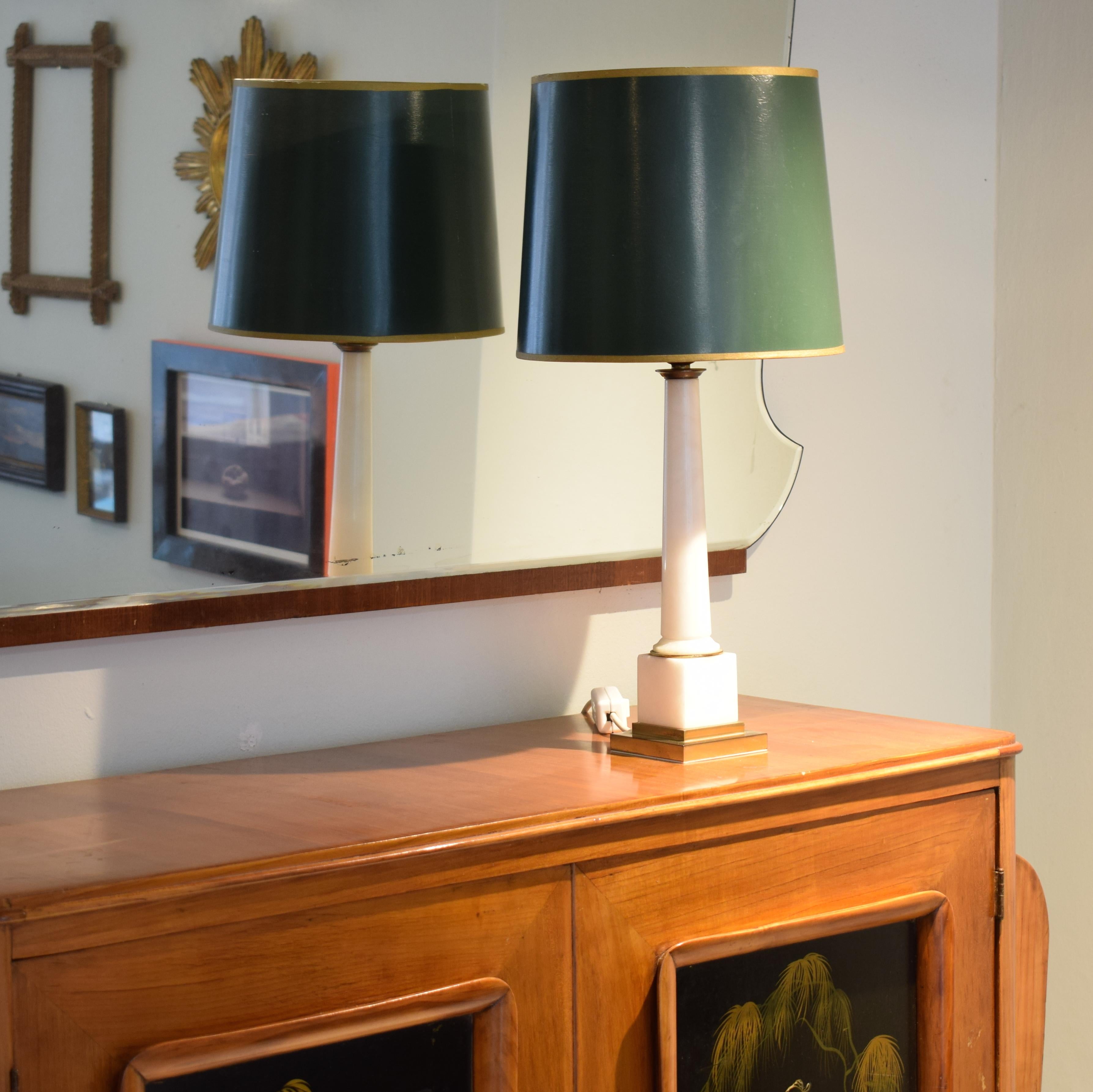 Mid-Century French White Marble and Brass Table Lamp with Green and Gold Shade 5