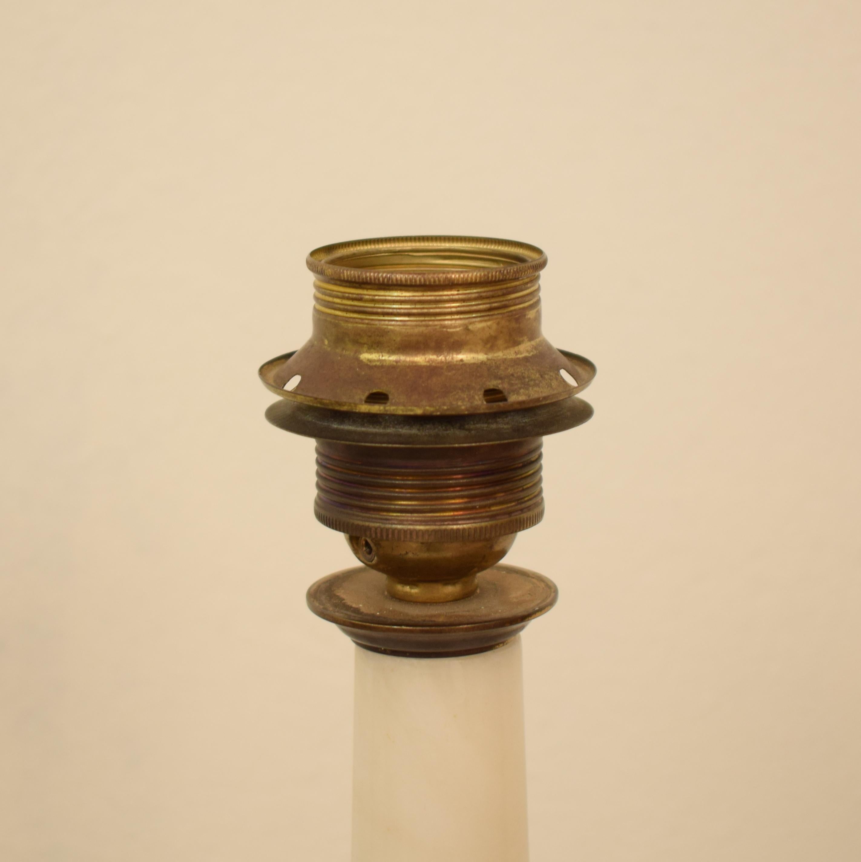 Late 20th Century Mid-Century French White Marble and Brass Table Lamp with Green and Gold Shade