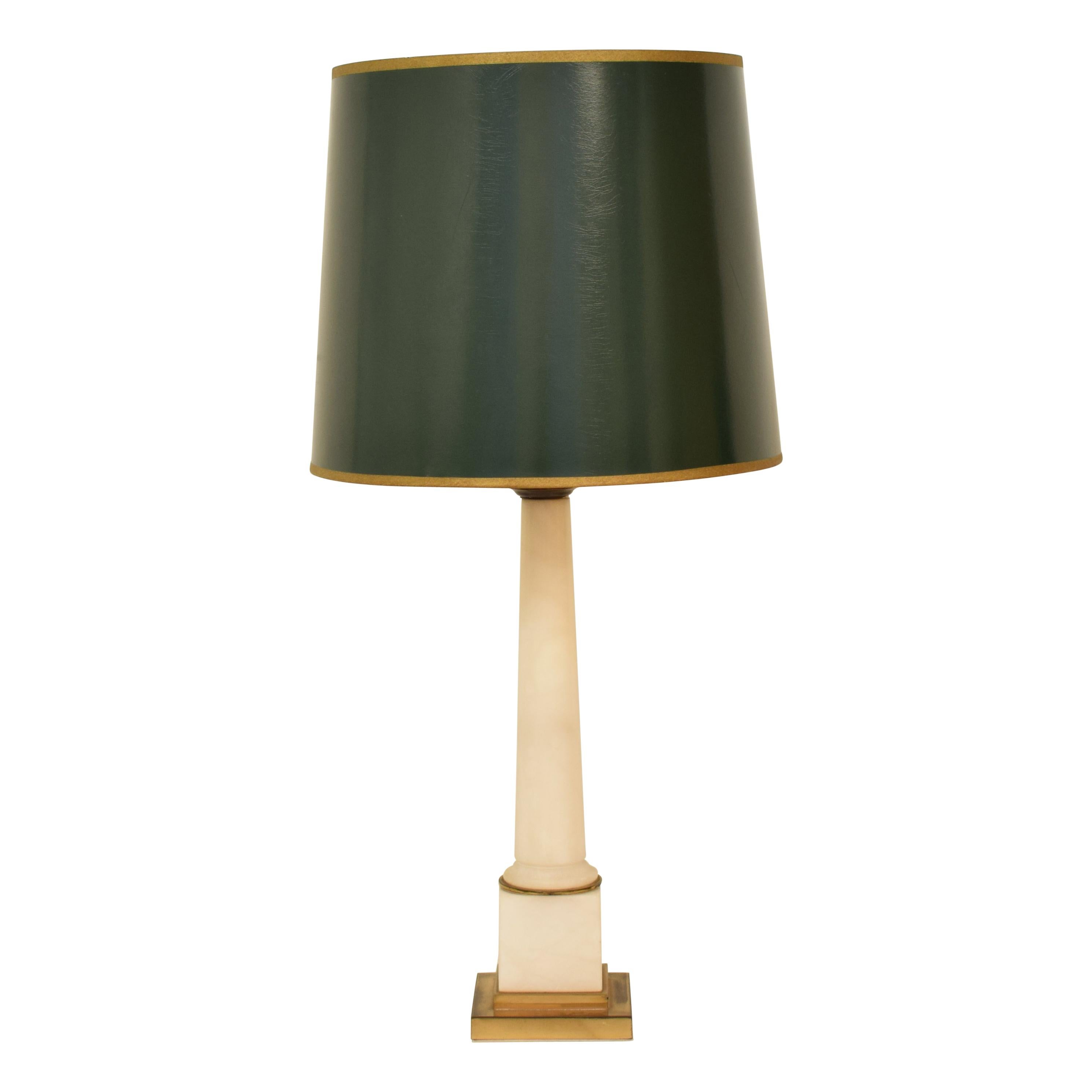 Mid-Century French White Marble and Brass Table Lamp with Green and Gold Shade