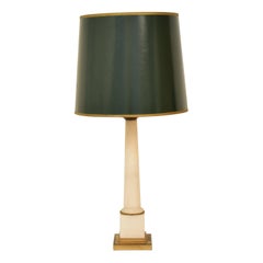 Mid-Century French White Marble and Brass Table Lamp with Green and Gold Shade