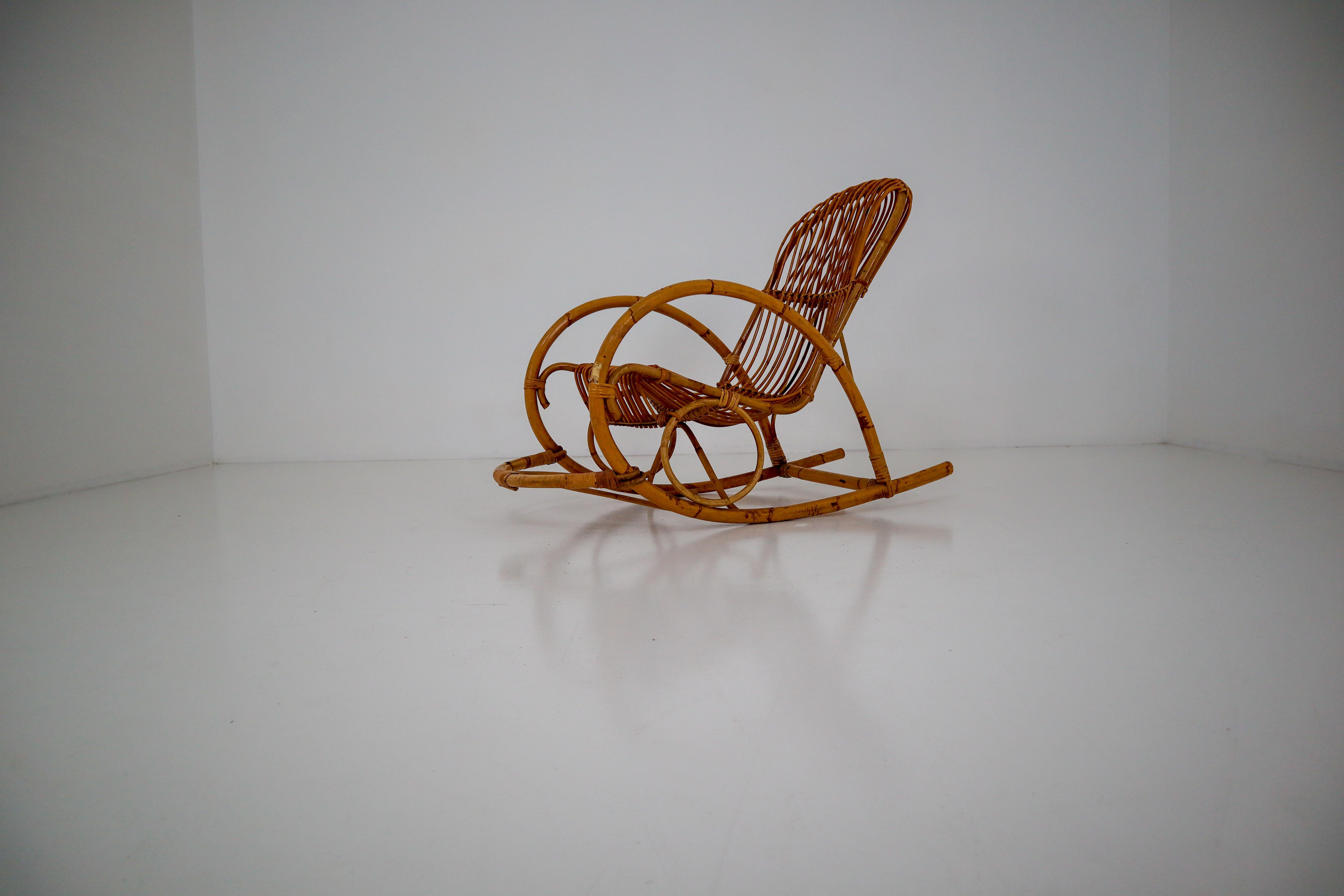 Midcentury French Wicker Bamboo Rocking Chair, 1960s 5