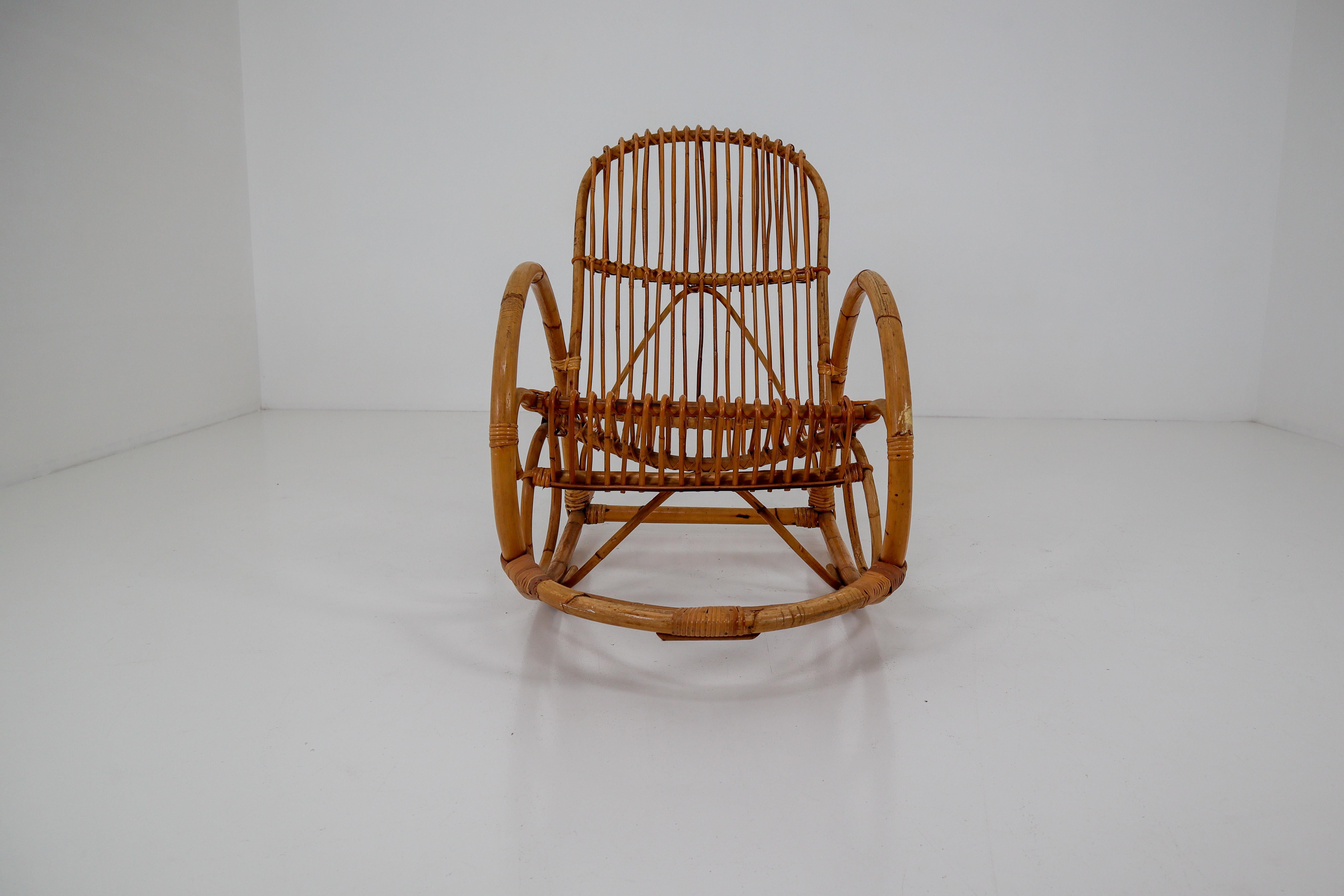 Mid-Century Modern Midcentury French Wicker Bamboo Rocking Chair, 1960s