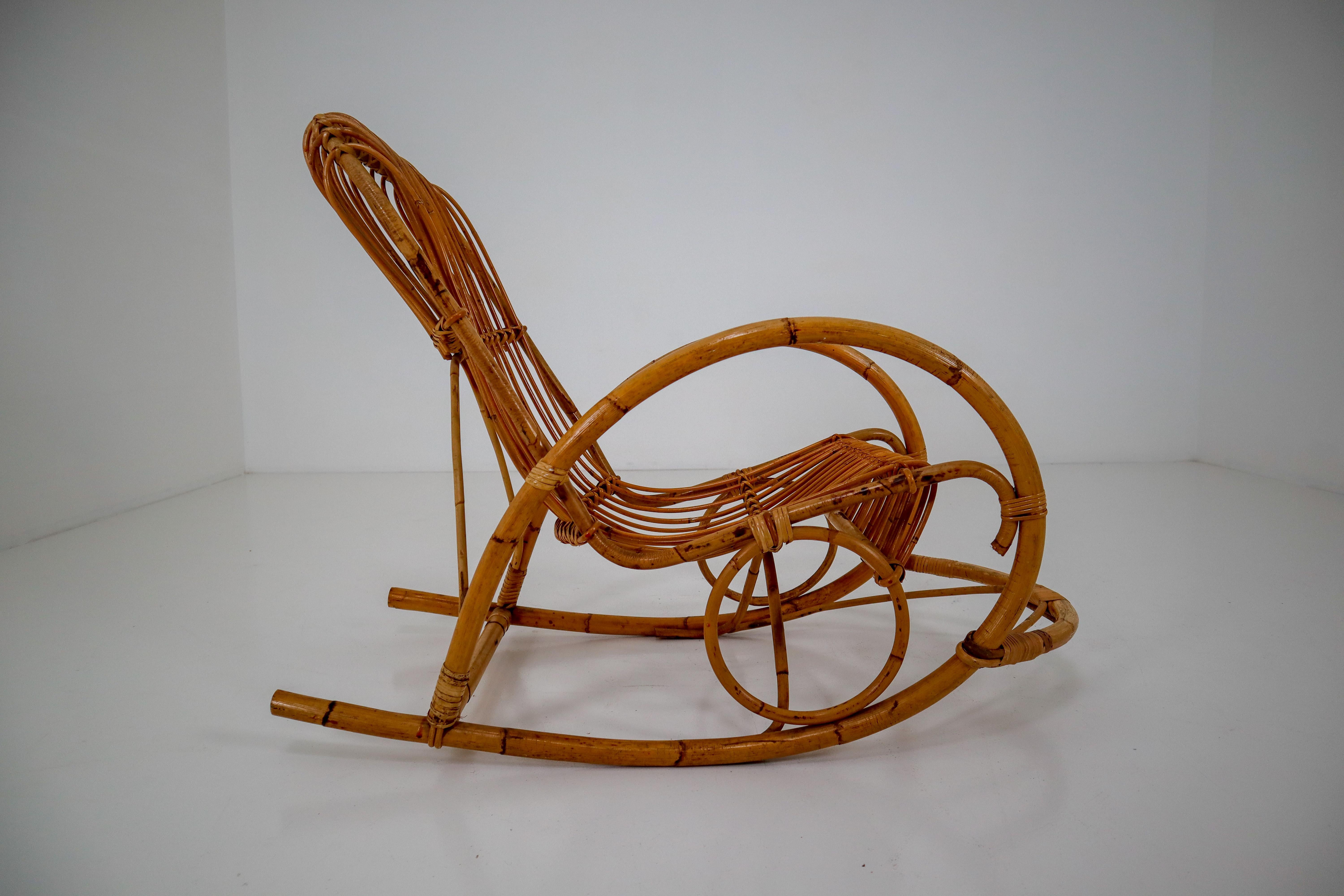 Mid-20th Century Midcentury French Wicker Bamboo Rocking Chair, 1960s