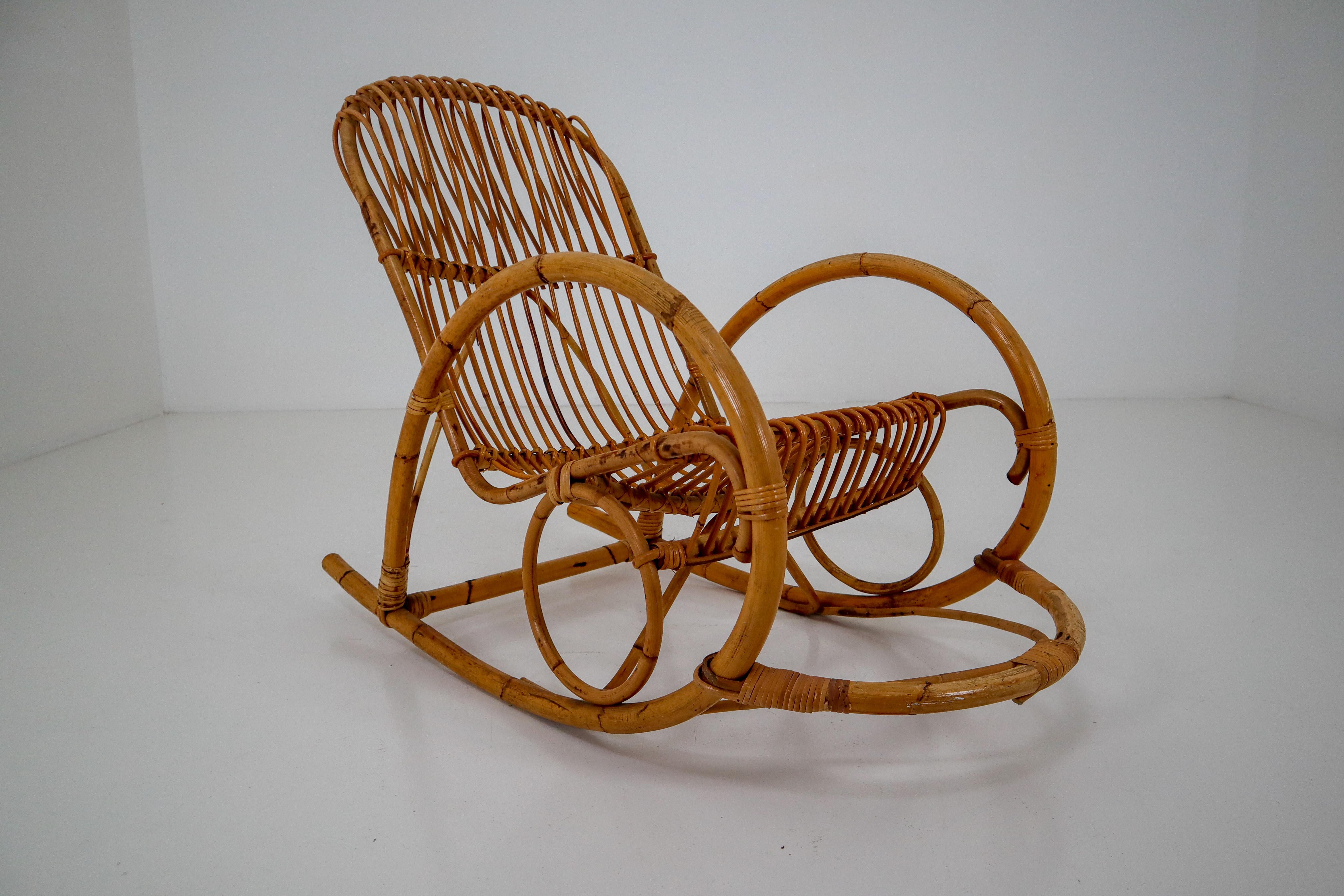 Midcentury French Wicker Bamboo Rocking Chair, 1960s 1