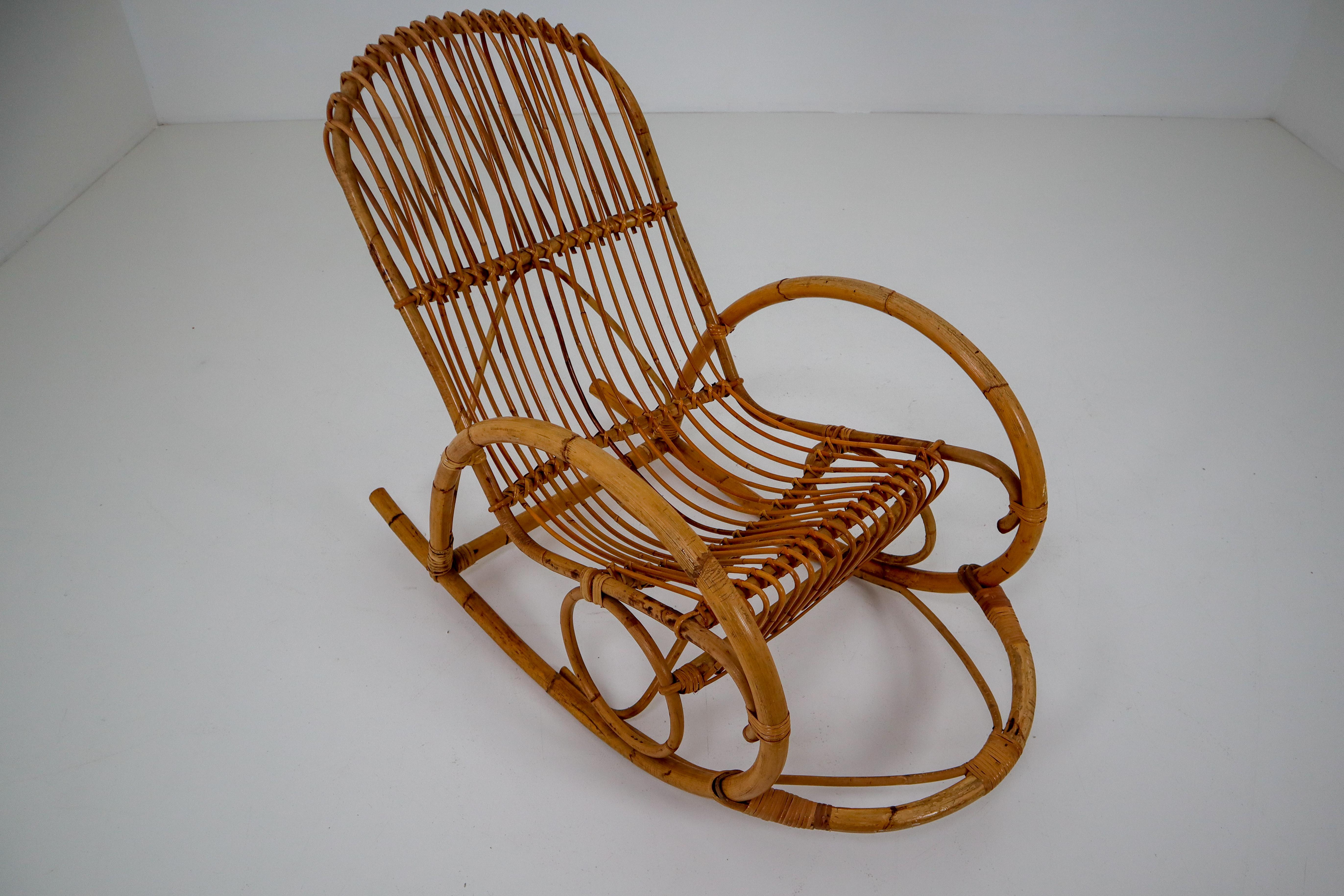 Midcentury French Wicker Bamboo Rocking Chair, 1960s 2
