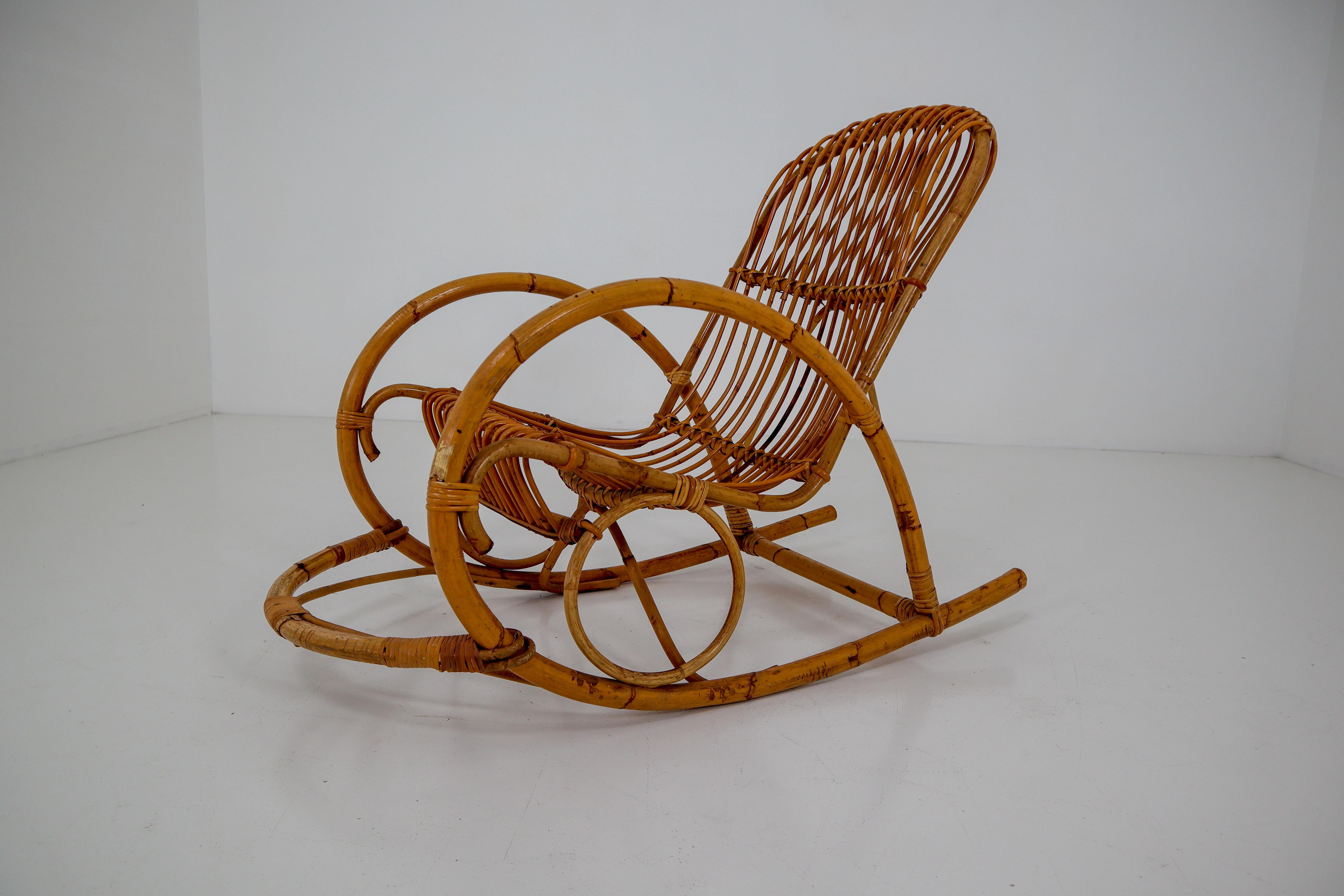 Midcentury French Wicker Bamboo Rocking Chair, 1960s 3