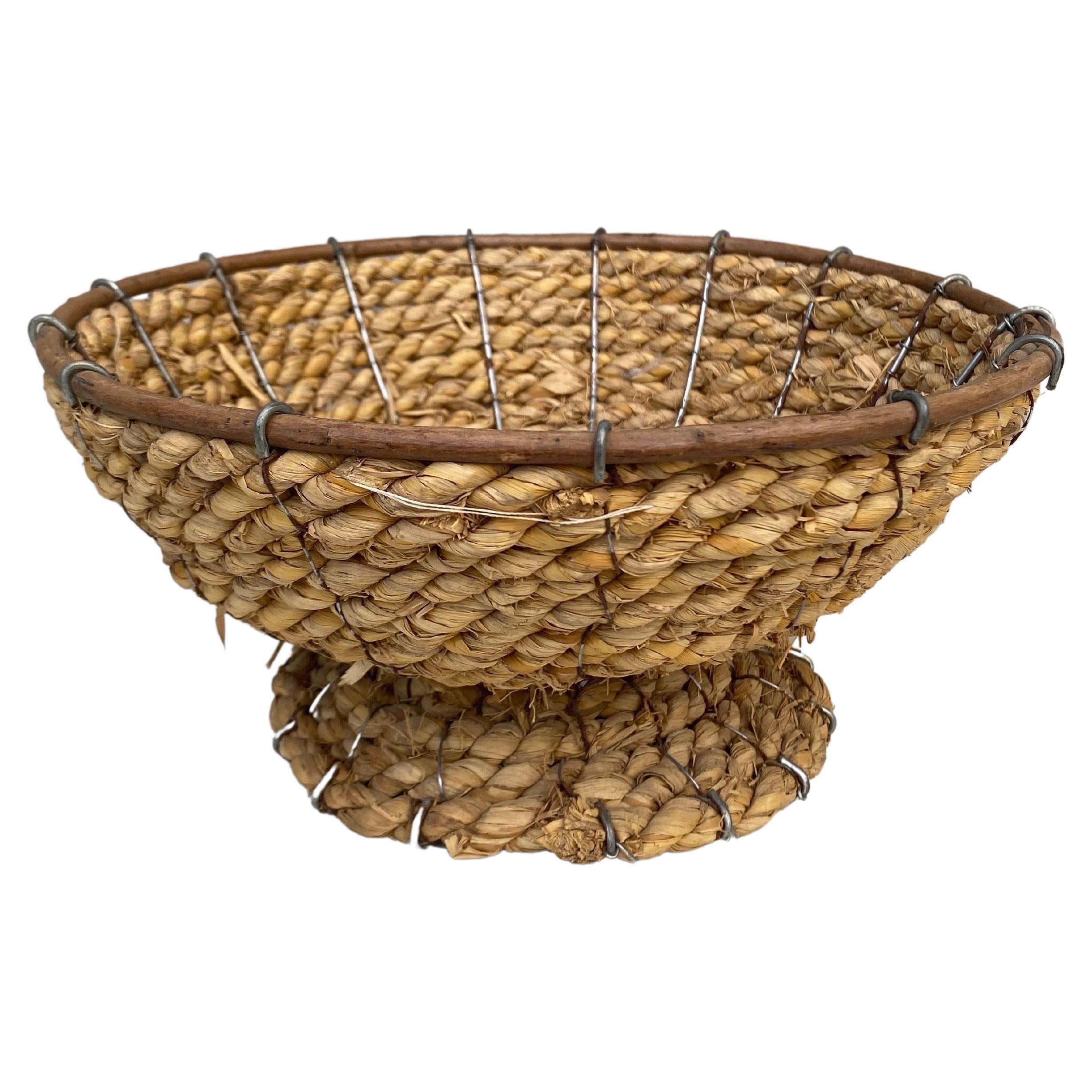 Mid-Century French Wicker Basket With Metal