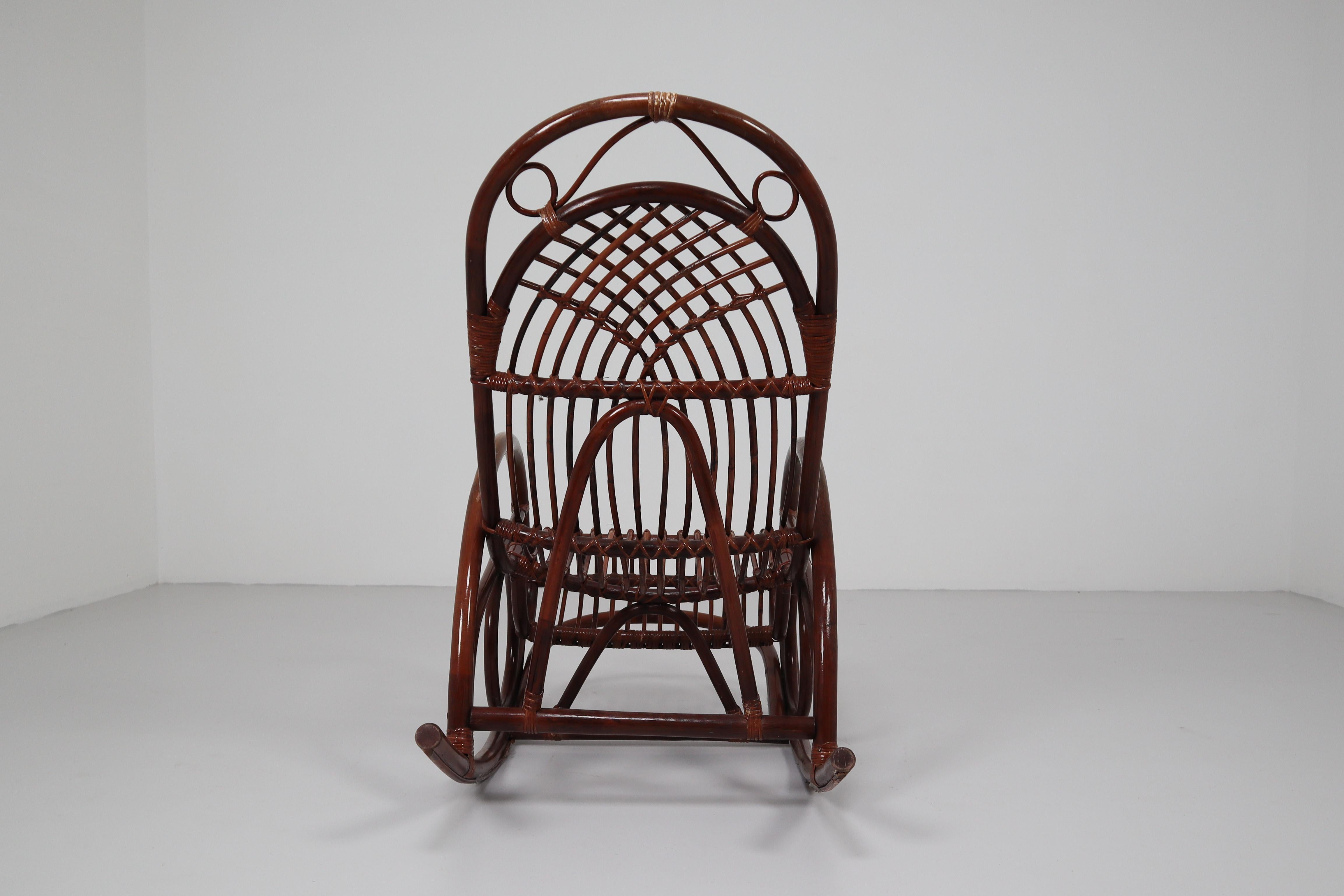 Midcentury French Wicker Brown Bamboo Rocking Chair, 1960s 3