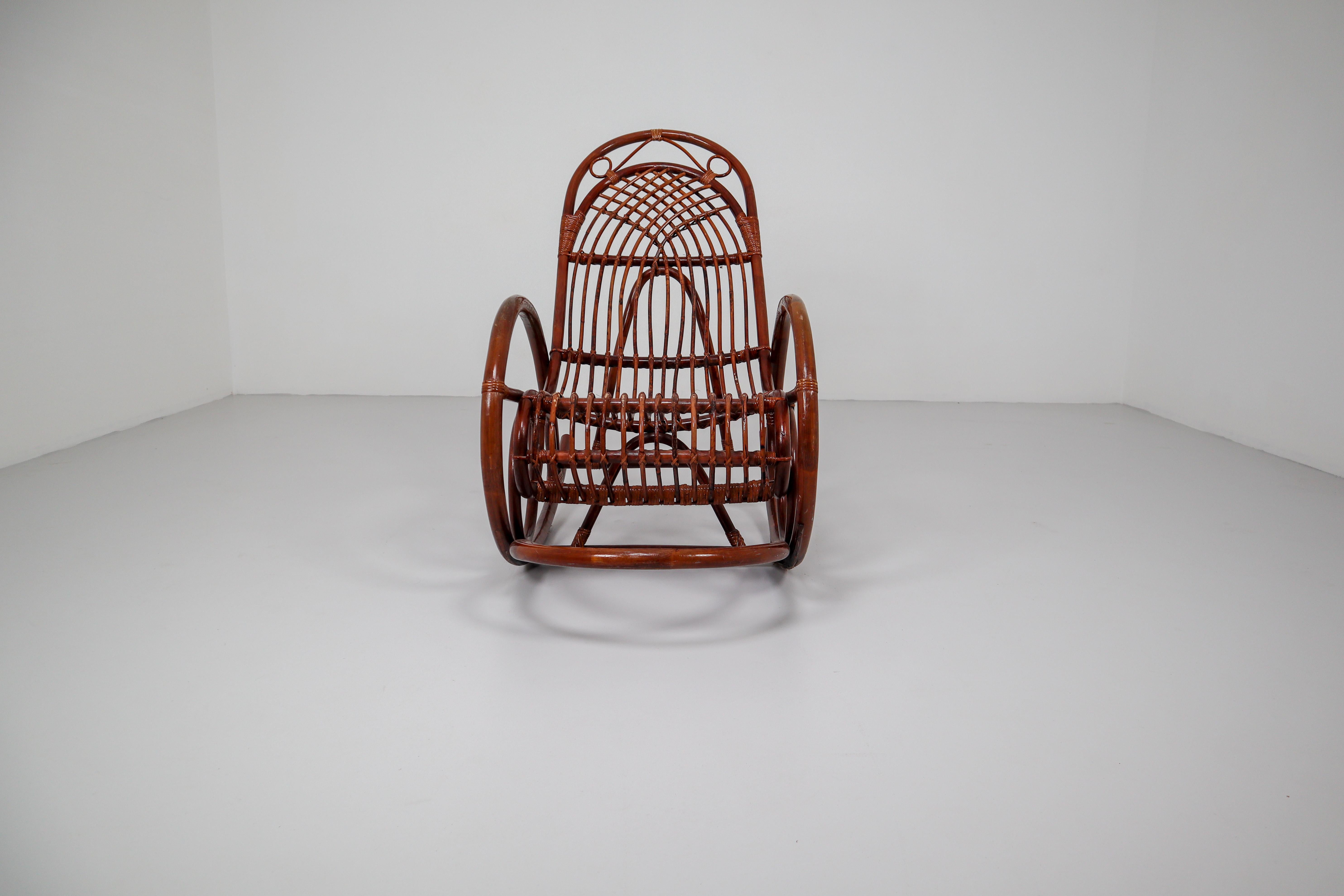 Midcentury French Wicker Brown Bamboo Rocking Chair, 1960s 4