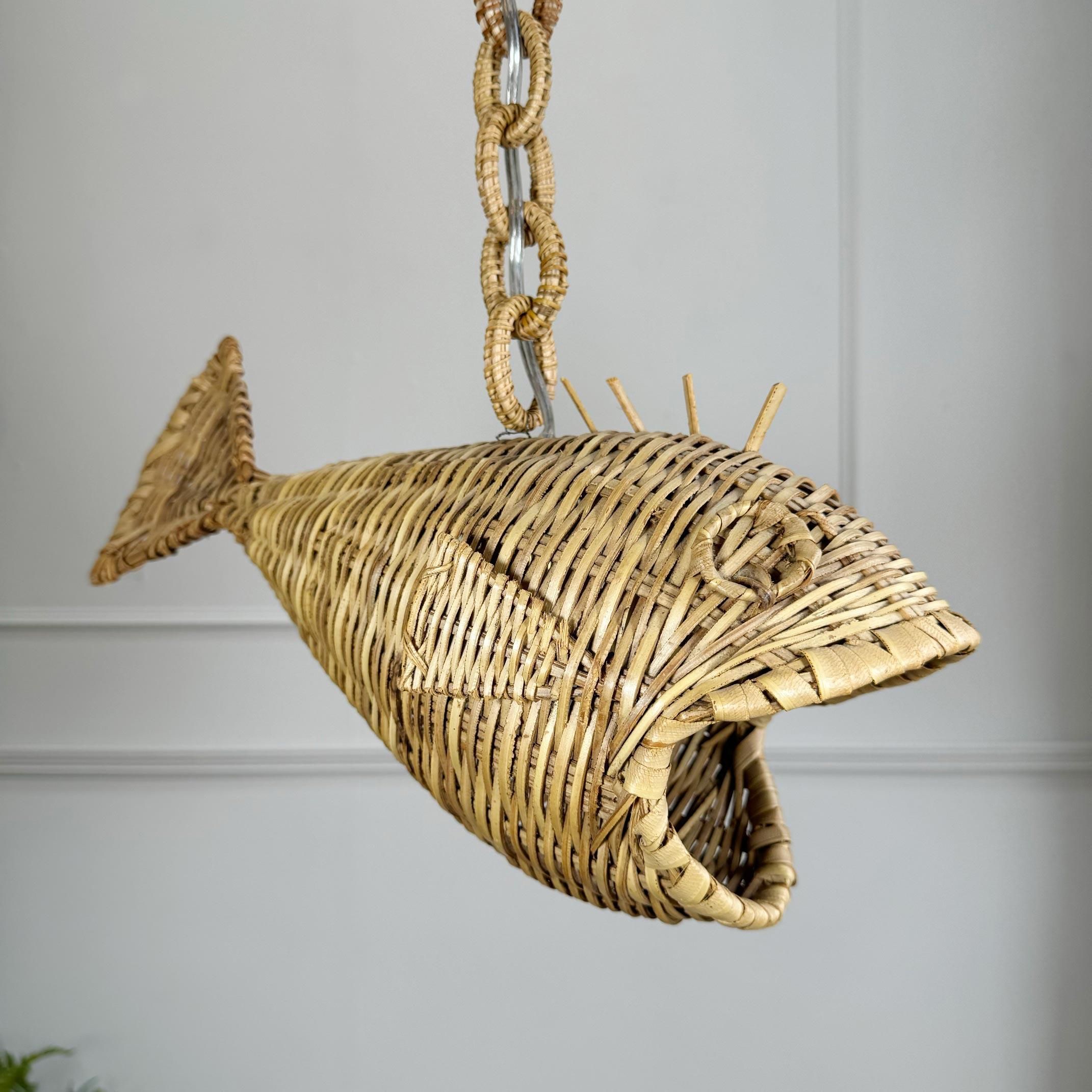 Mid Century French Wicker Fish Ceiling Light For Sale 6