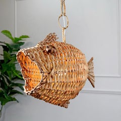 Mid Century French Wicker Fish Ceiling Light