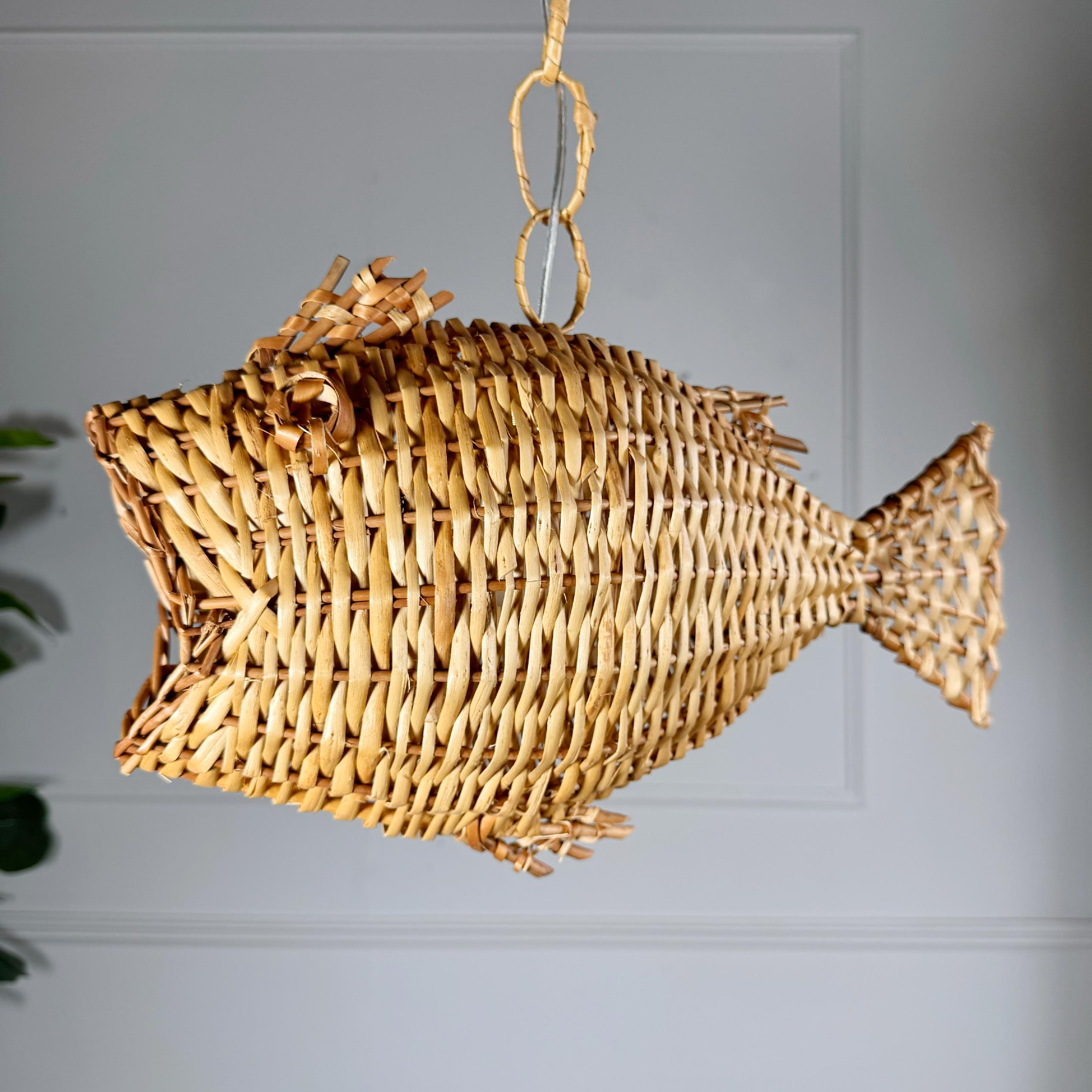 Superb 1950’s wicker fish ceiling light, French. Due to their nature these original ceiling lights are incredibly rare to find from this period and especially in such good condition. We have managed to source 3 of these incredible hand crafted