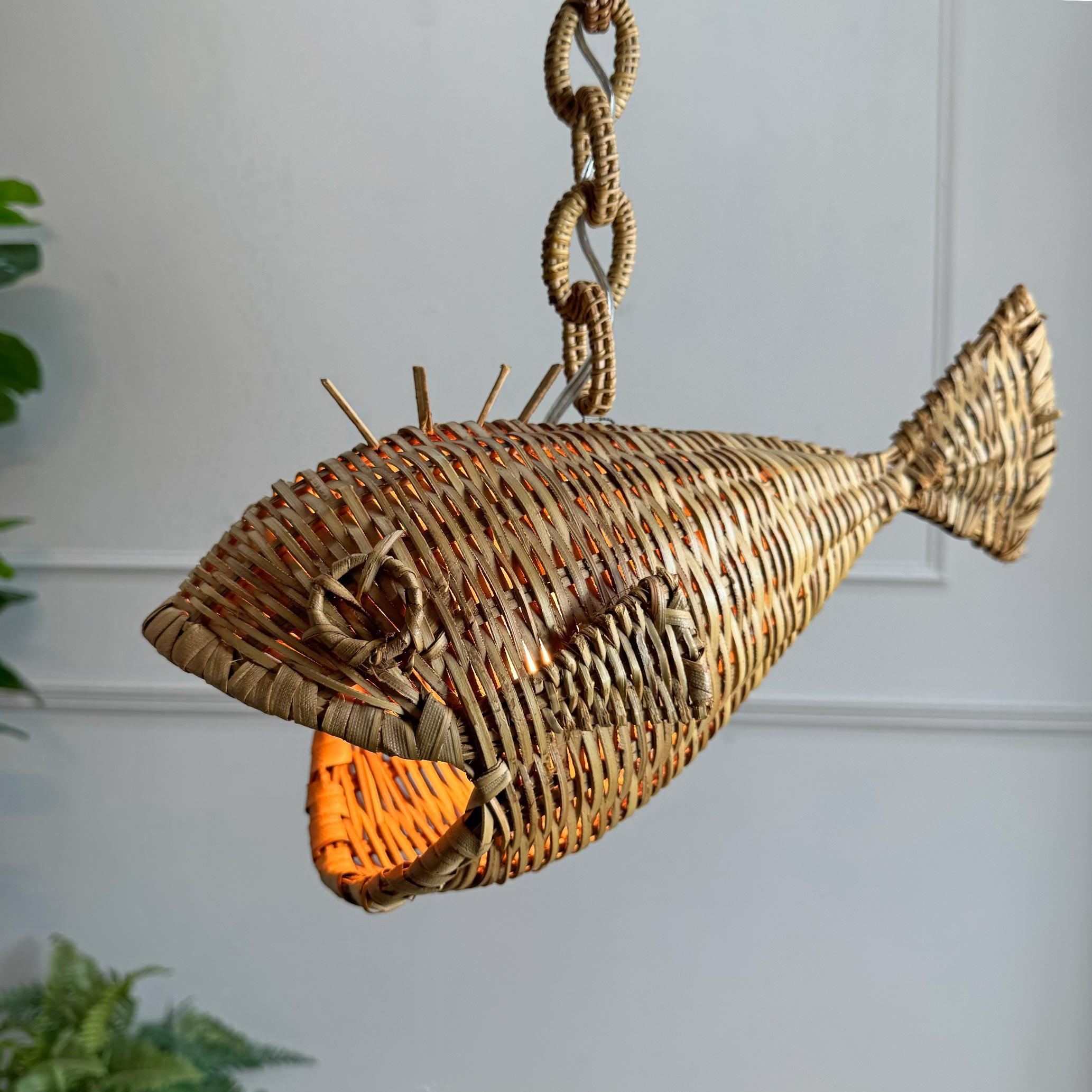 Superb 1950’s wicker fish ceiling light, French. Due to their nature these original ceiling lights are incredibly rare to find from this period and especially in such good condition. We have managed to source 2 of these incredible hand crafted