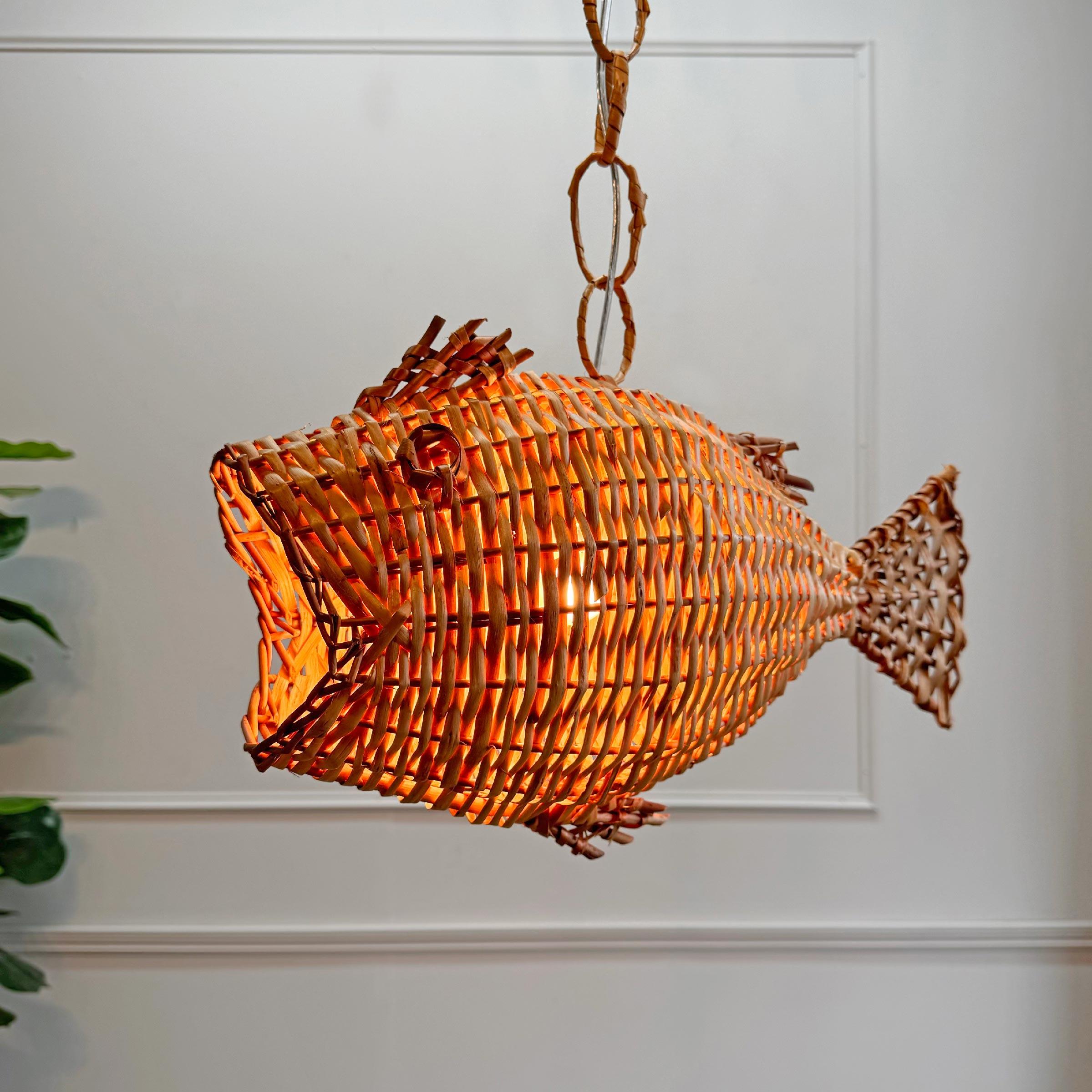 Bohemian Mid Century French Wicker Fish Ceiling Light