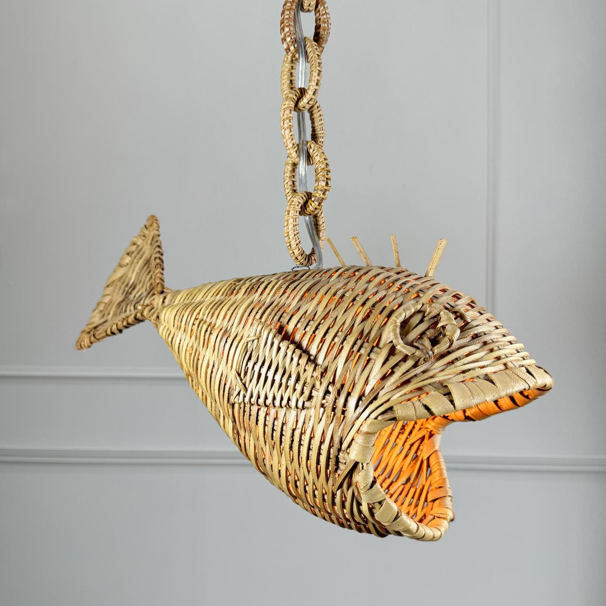 Folk Art Mid Century French Wicker Fish Ceiling Light For Sale
