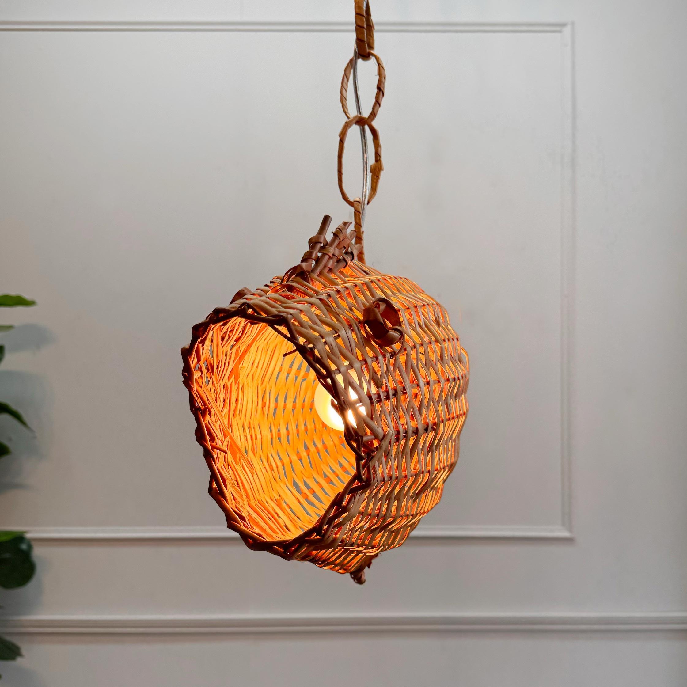 Hand-Woven Mid Century French Wicker Fish Ceiling Light