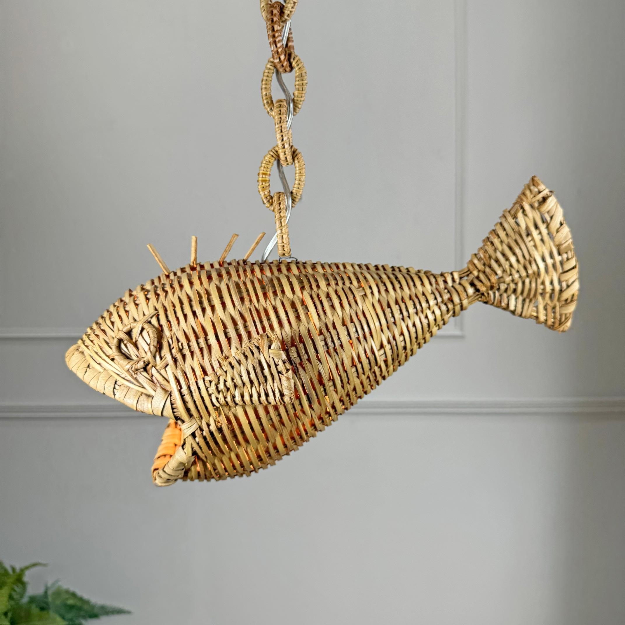 Hand-Crafted Mid Century French Wicker Fish Ceiling Light For Sale