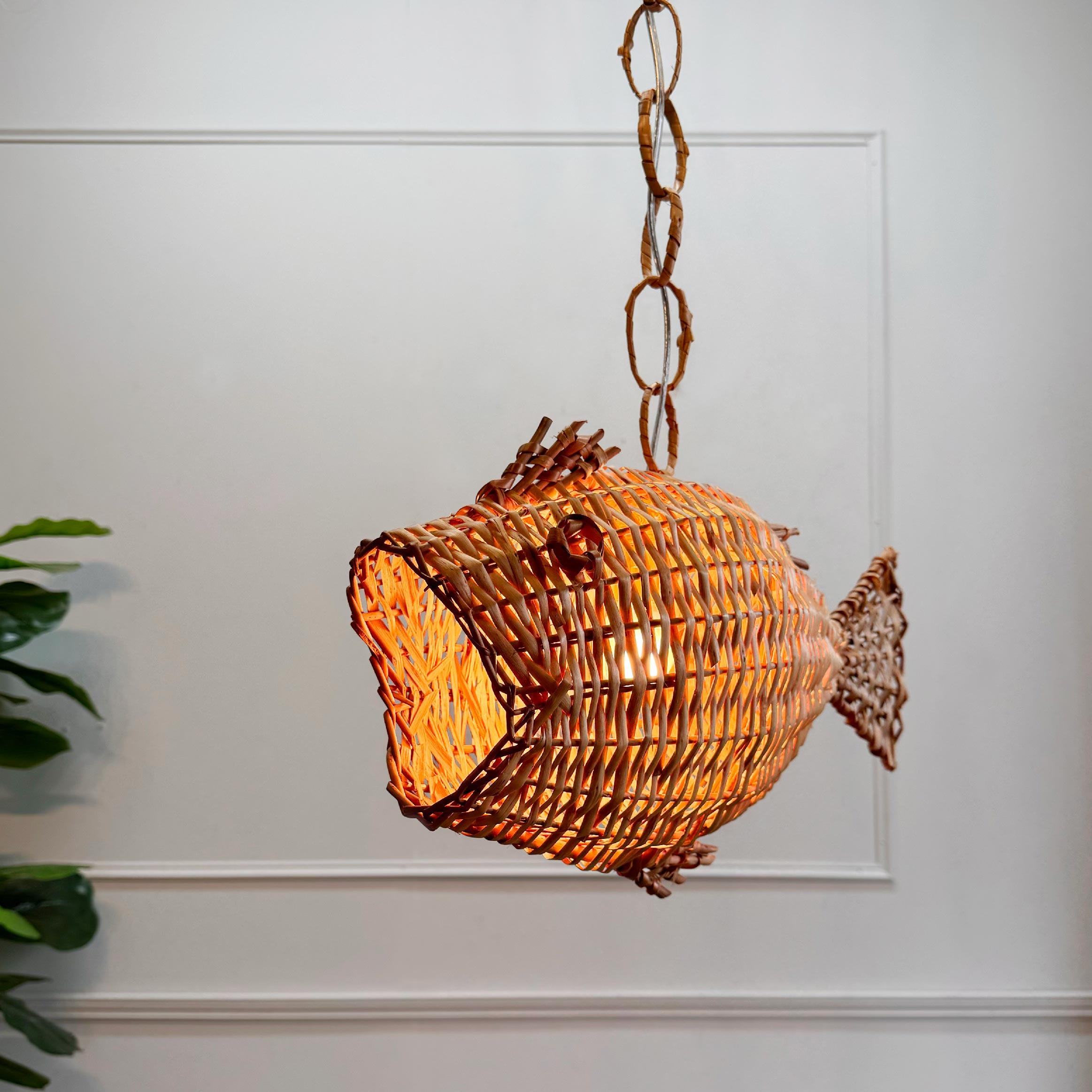 Mid Century French Wicker Fish Ceiling Light In Good Condition In Hastings, GB