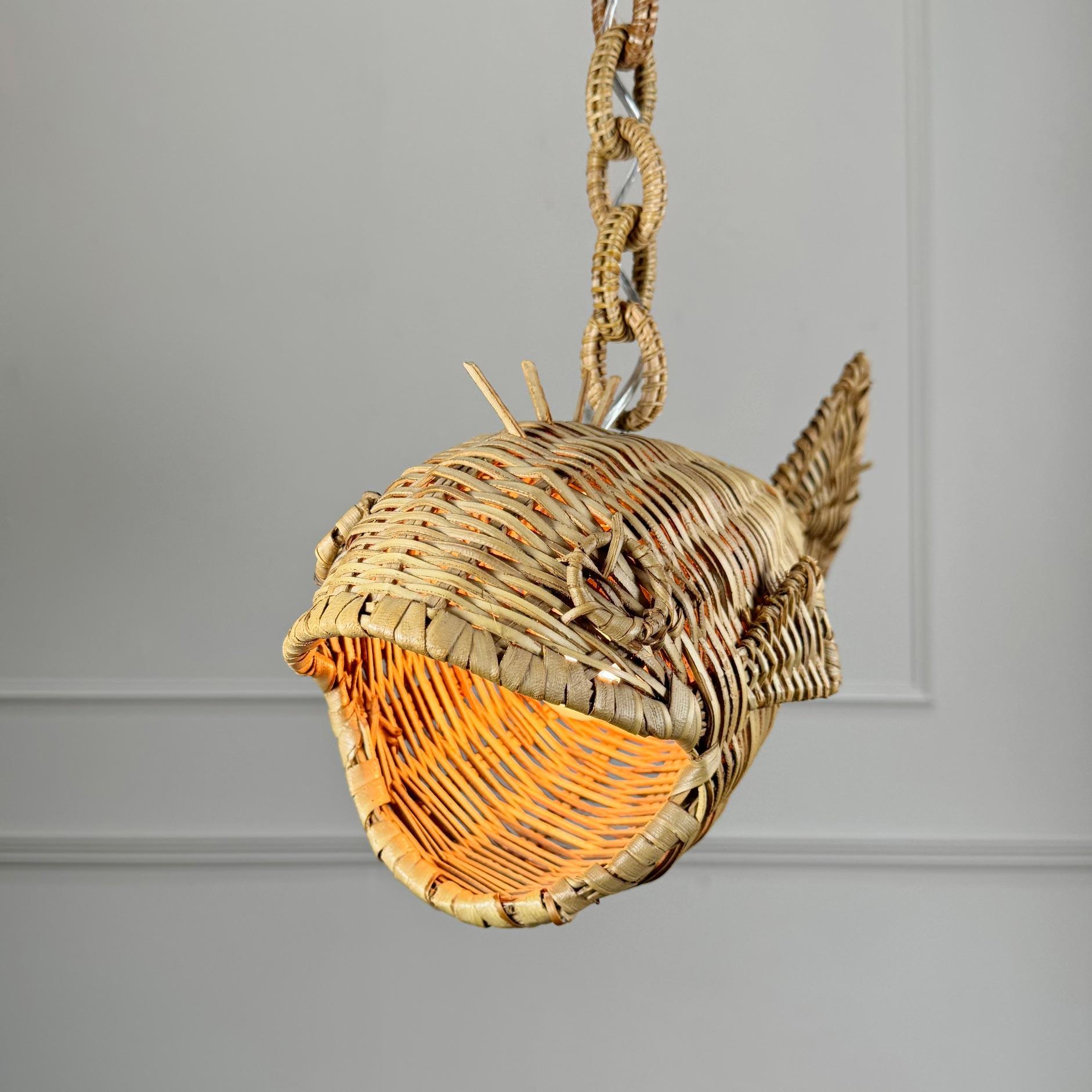 Mid Century French Wicker Fish Ceiling Light In Good Condition For Sale In Hastings, GB