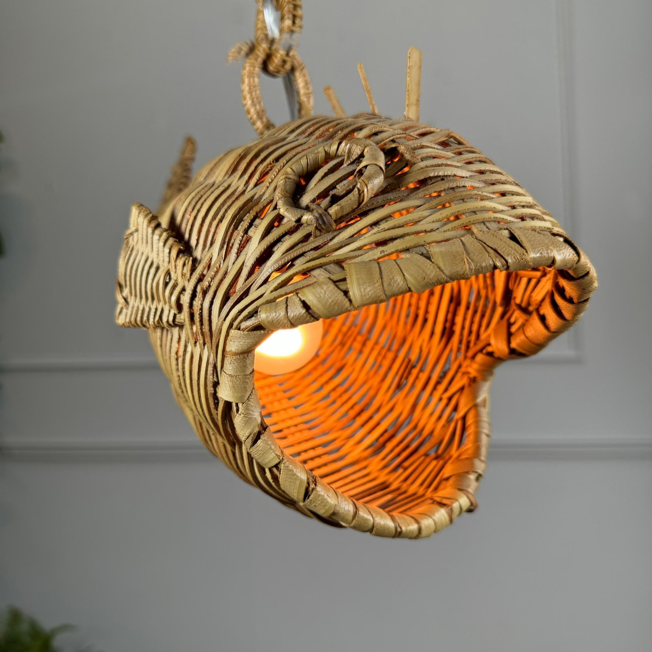 Mid-20th Century Mid Century French Wicker Fish Ceiling Light For Sale