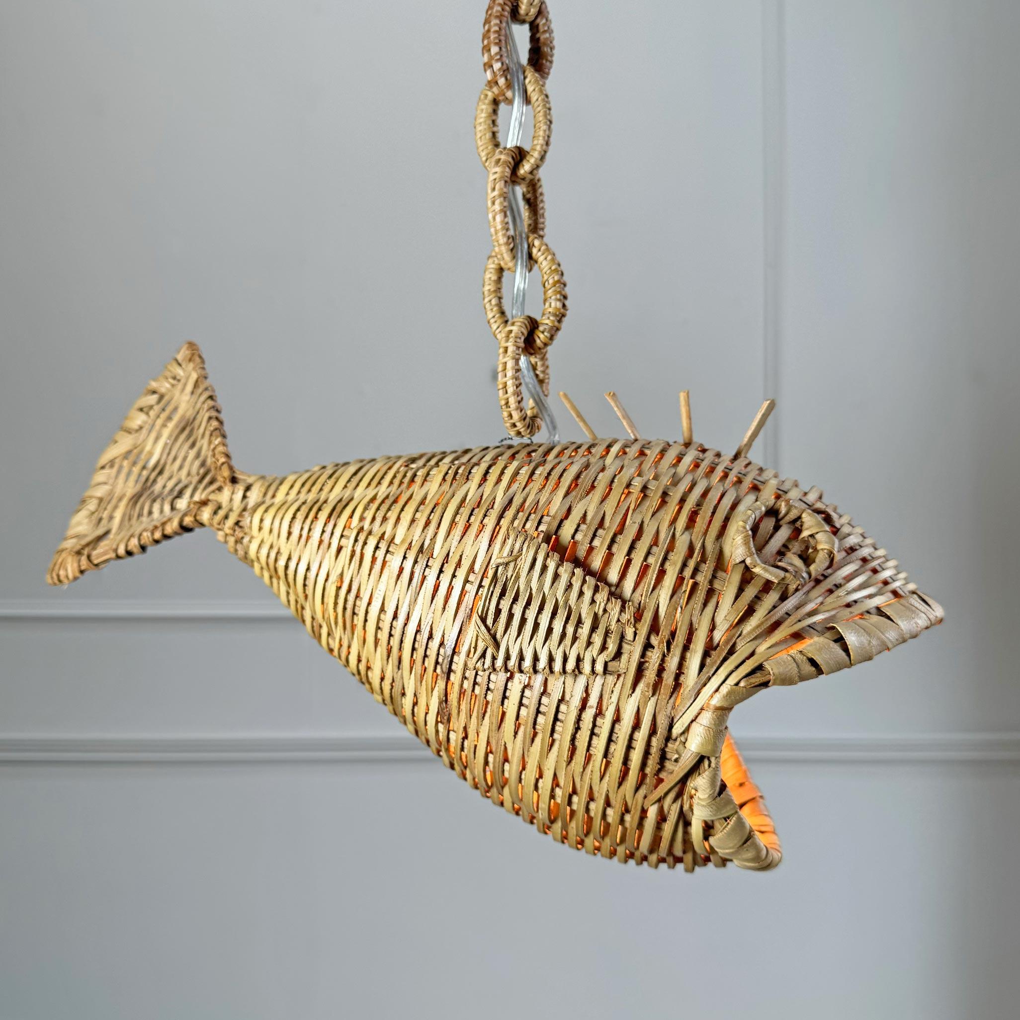 Mid Century French Wicker Fish Ceiling Light For Sale 1