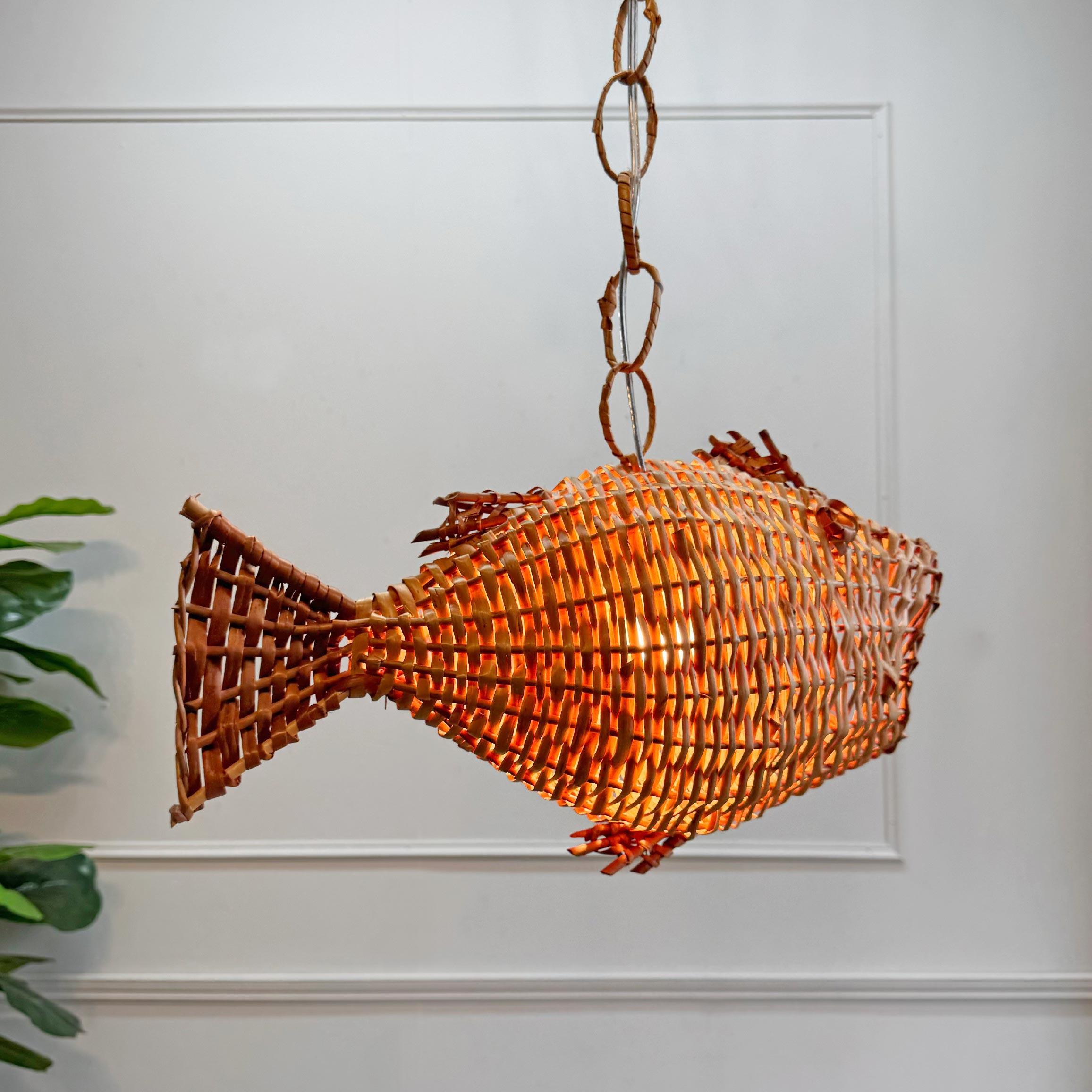 Mid Century French Wicker Fish Ceiling Light 2