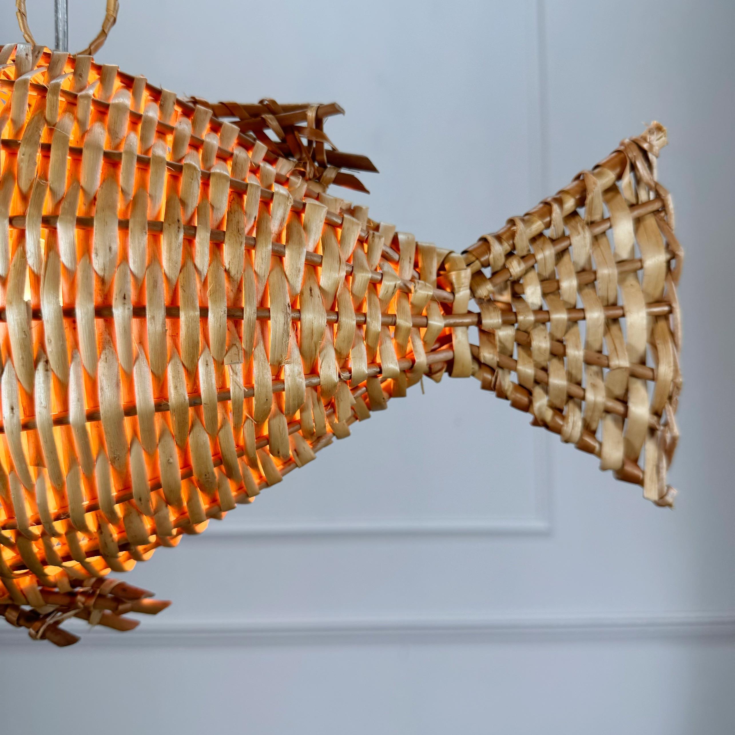 Mid Century French Wicker Fish Ceiling Light 3