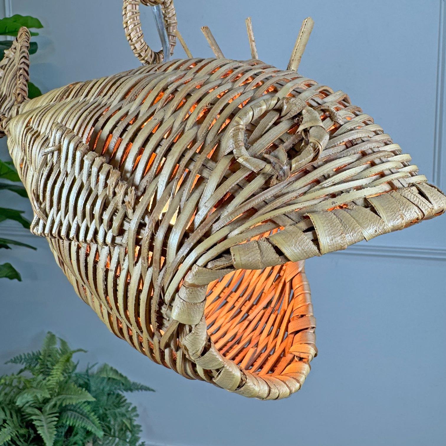 Mid Century French Wicker Fish Ceiling Light For Sale 3