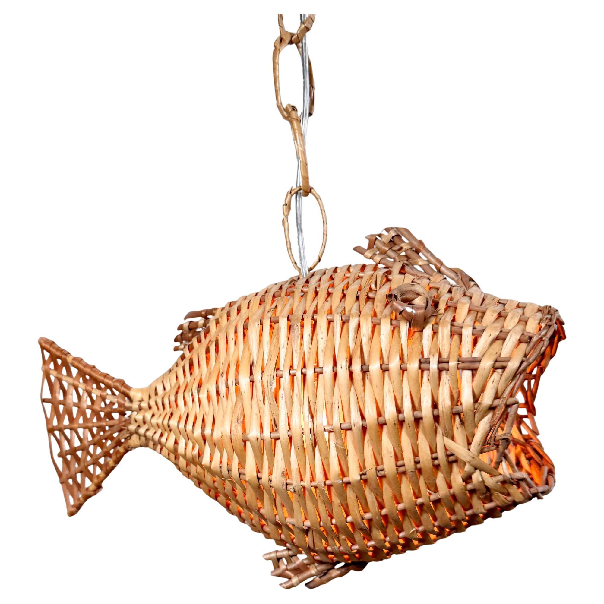 Mid Century French Wicker Fish Ceiling Light