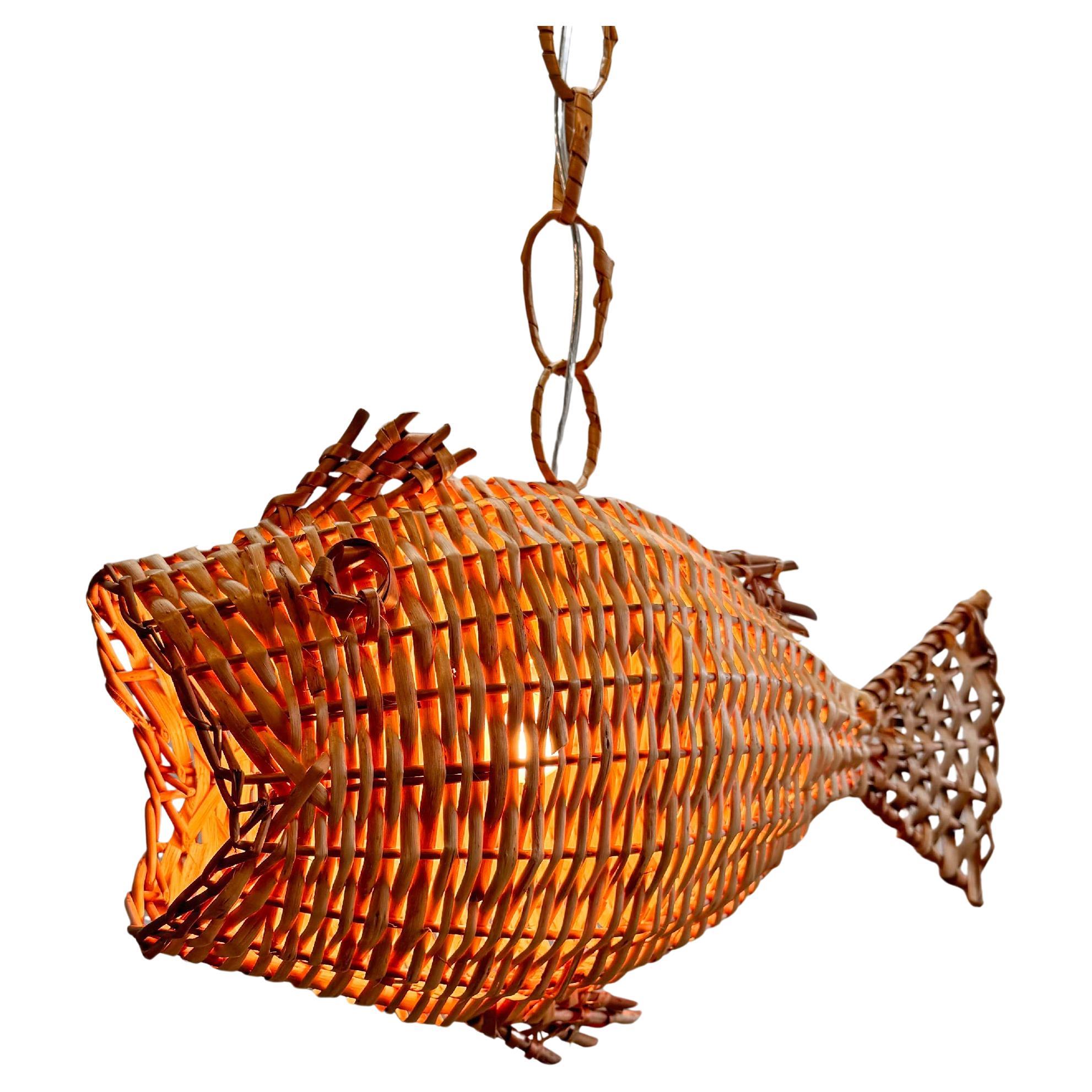 Mid Century French Wicker Fish Ceiling Light