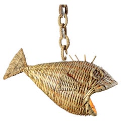Mid Century French Wicker Fish Ceiling Light