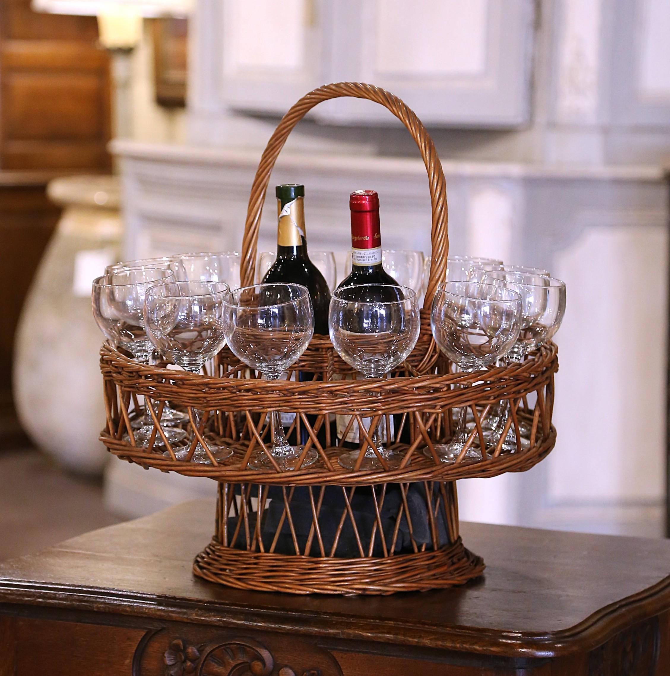 Hand-Crafted Mid-Century French Wicker Potable Bar or Wine Basket with Twelve Glasses