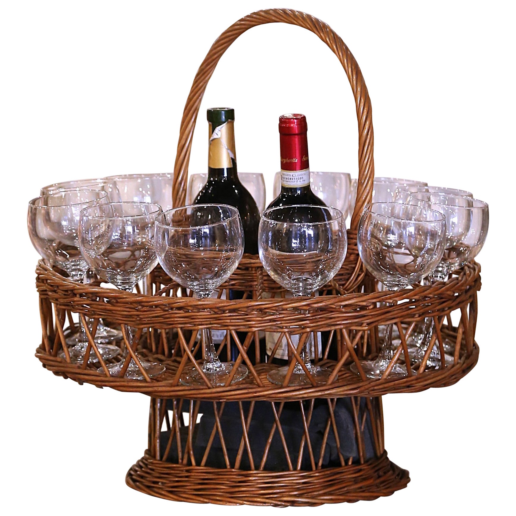 Mid-Century French Wicker Potable Bar or Wine Basket with Twelve Glasses
