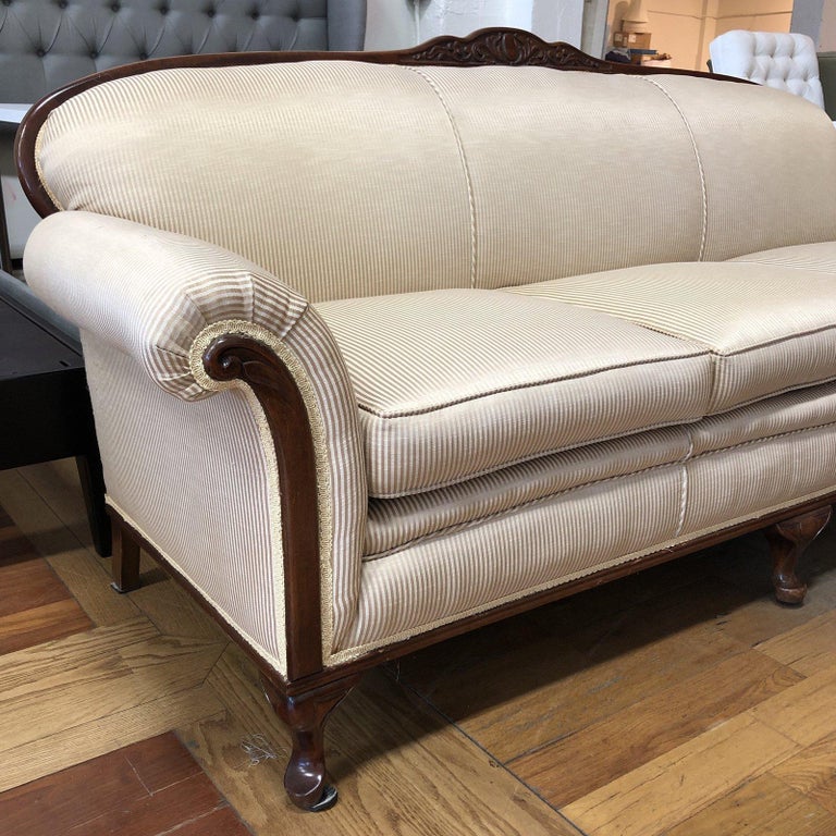 Midcentury French Wood and Fabric Rolled Arm Sofa For Sale at 1stDibs