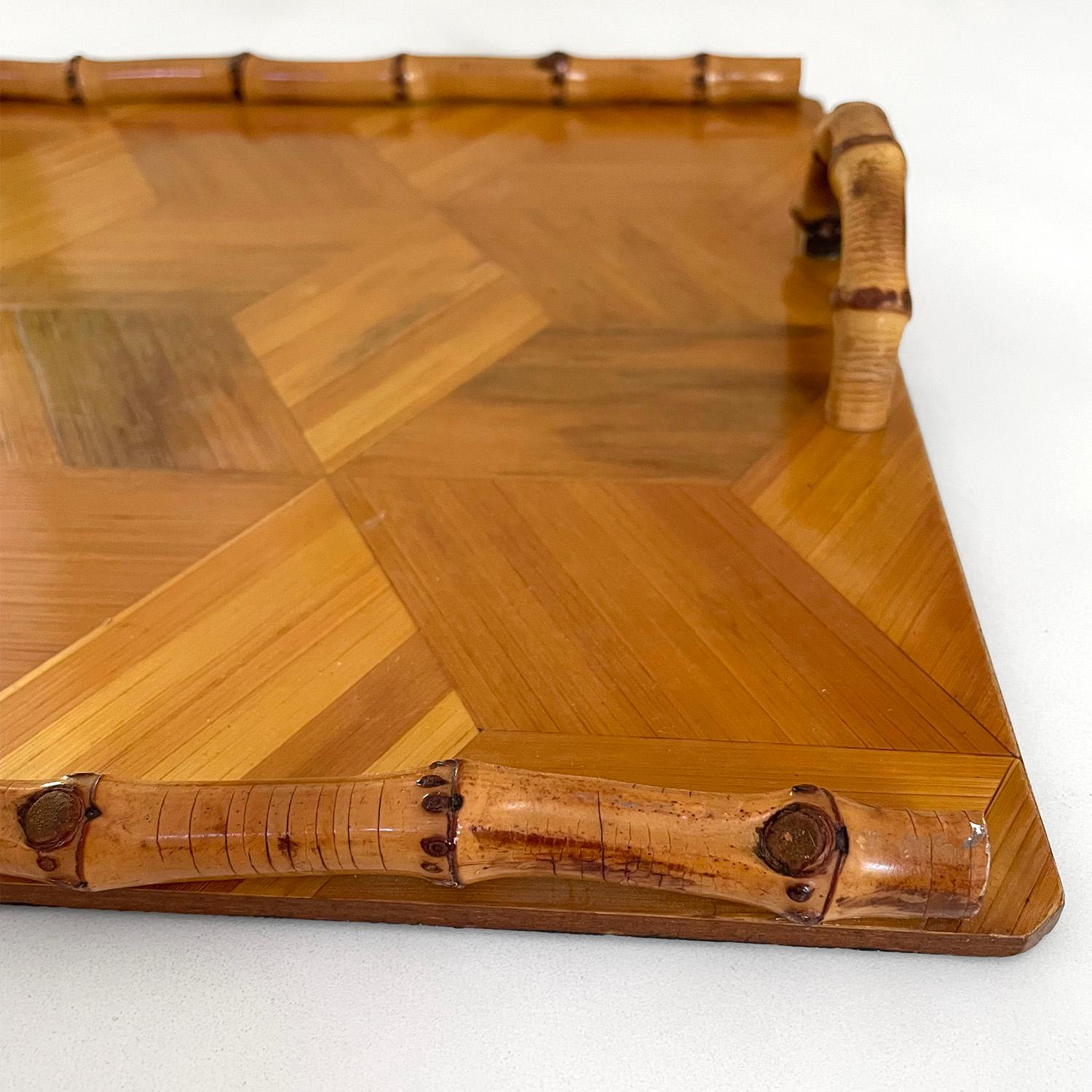 Mid Century French Wood Marquetry Tray with Bamboo Handles For Sale 1