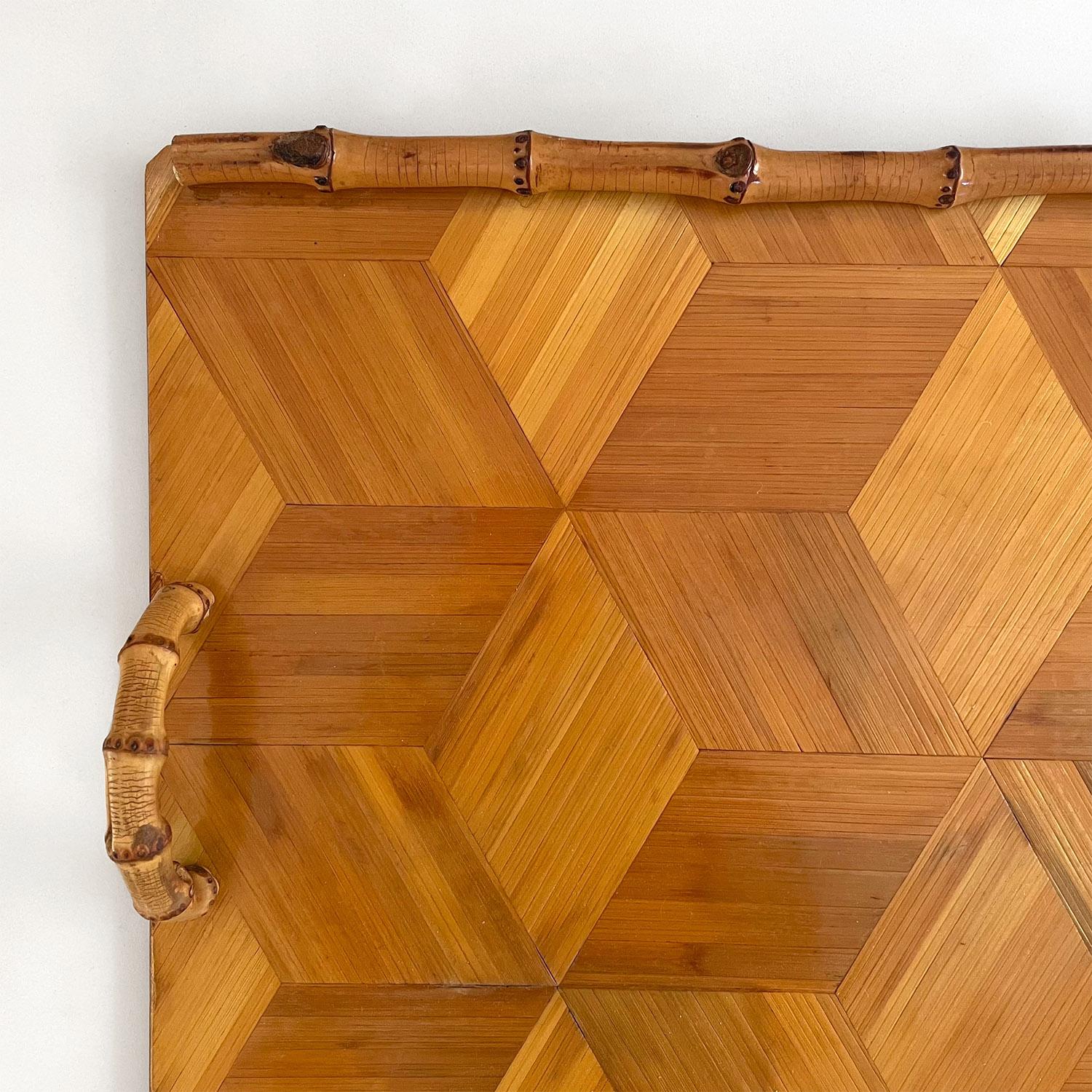 Mid Century French Wood Marquetry Tray with Bamboo Handles For Sale 4