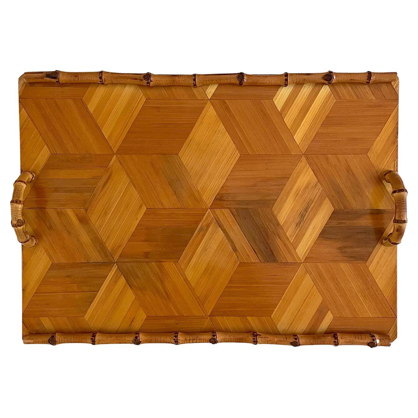 Mid Century French Wood Marquetry Tray with Bamboo Handles For Sale