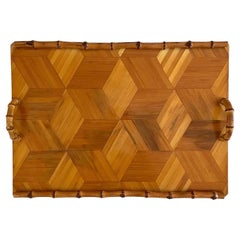 Mid Century French Wood Marquetry Tray with Bamboo Handles
