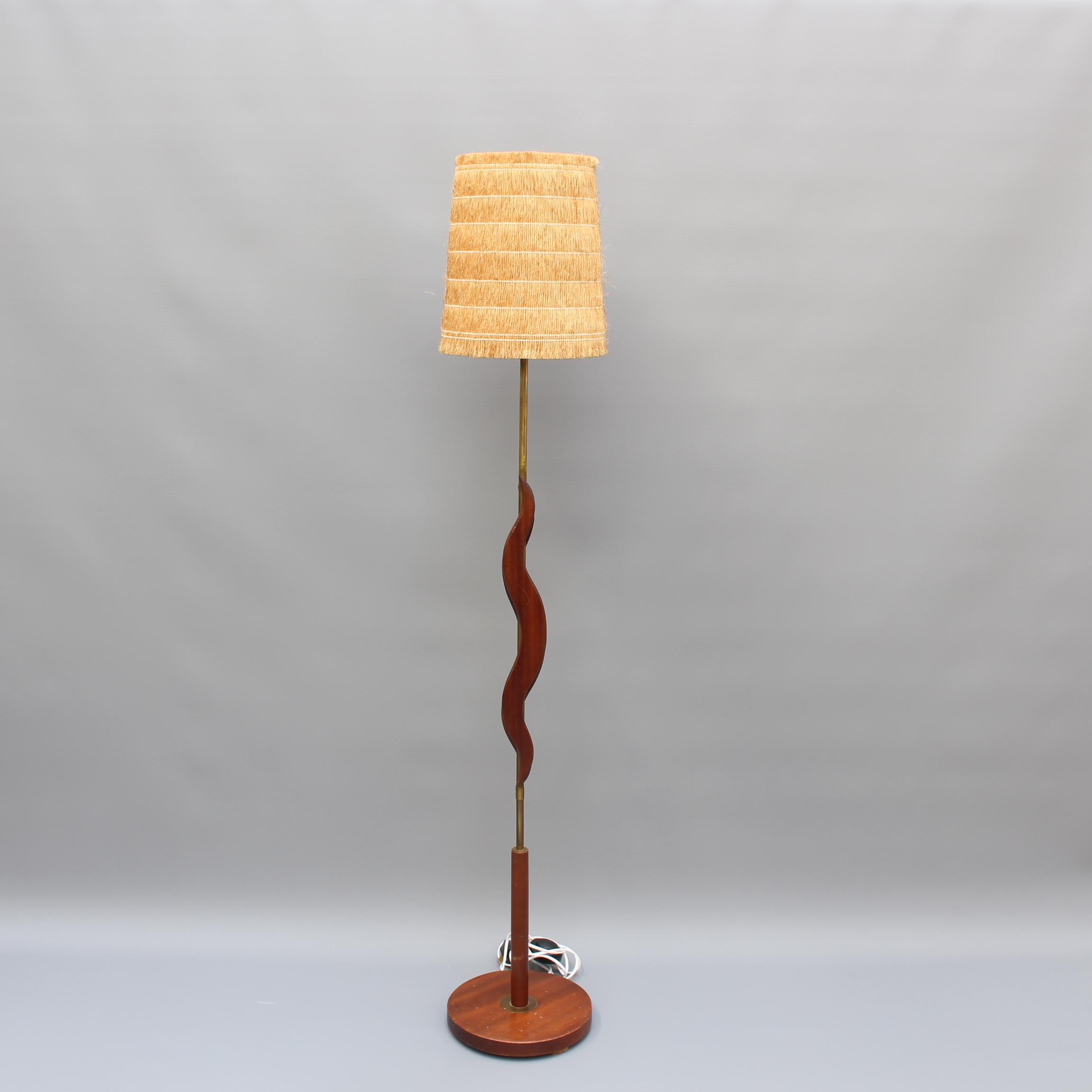 Midcentury French Wooden and Brass Floor Lamp, circa 1950s 6